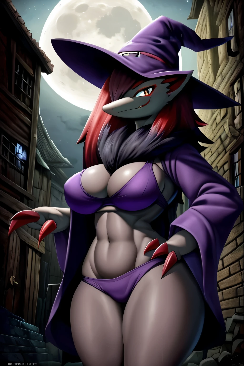 uploaded on e621, explicit content, (katahane3, naika, ruka, chobonolly, mmbct01), , female, solo, zoroark, smile, big breasts, natural breasts, purple clothing, purple hat, purple cleavage, long purple robe, purple underwear, witch hat, thick thighs, wide hips, magic user, witch clothing, post-apocalypse, crumbling medieval city on background, late night, moon, dark alleyway, looking at the viewer, full body, standing,