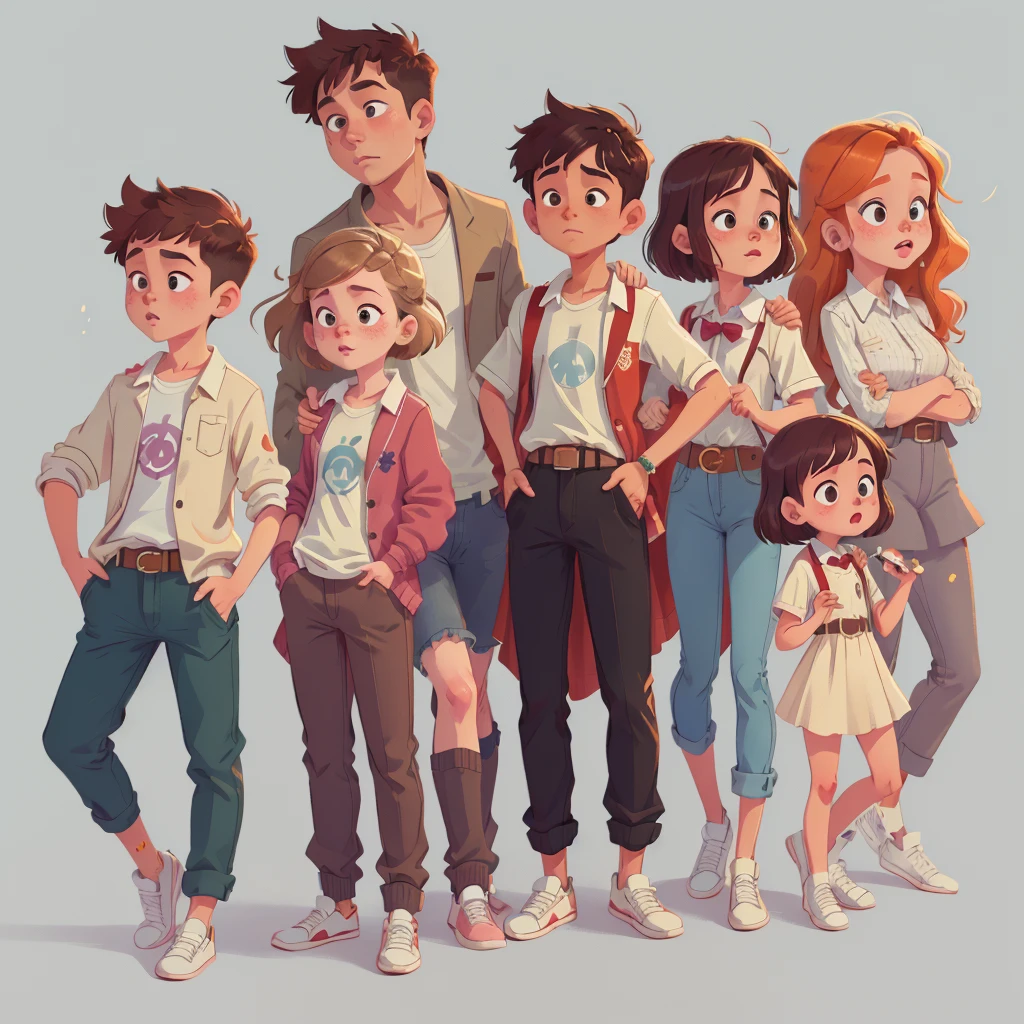 ((masterpiece)), (((Best quality))), illustration, group of teenagers, Boys and girls, freckles, Different hair color, school clothes, Vyazannaya cardigan, trousers, White shirt, belt, relaxed posture, (simple background: 1.3) ,--6