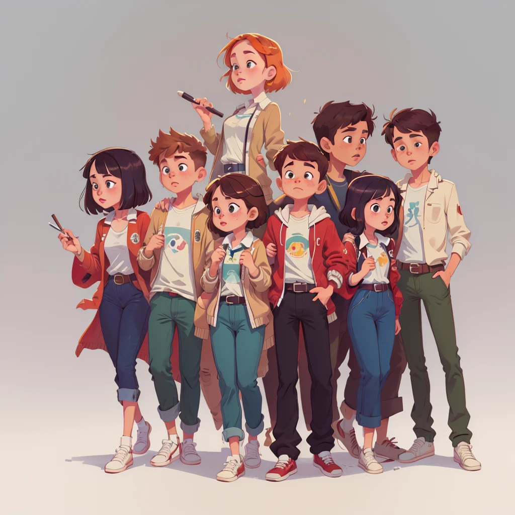 ((masterpiece)), (((Best quality))), illustration, group of teenagers, Boys and girls, freckles, Different hair color, school clothes, Vyazannaya cardigan, trousers, White shirt, belt, relaxed posture, (simple background: 1.3) ,--6