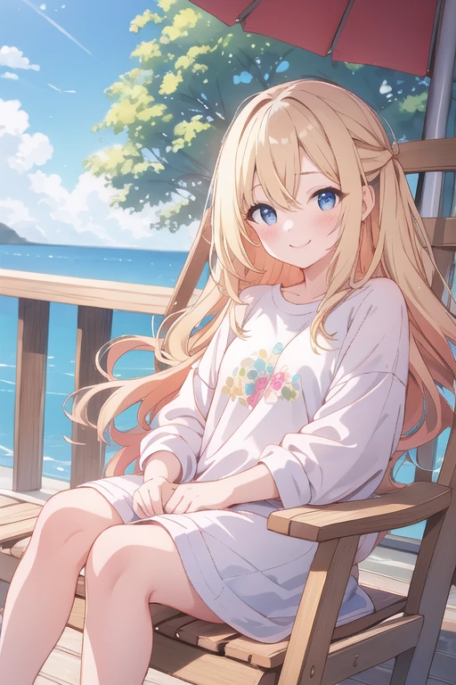 colorful tones、watercolor、A young girl around 、Long wavy blonde hair、Large and spaciousTshirt、Blushing、smile、Sit on a deck chair