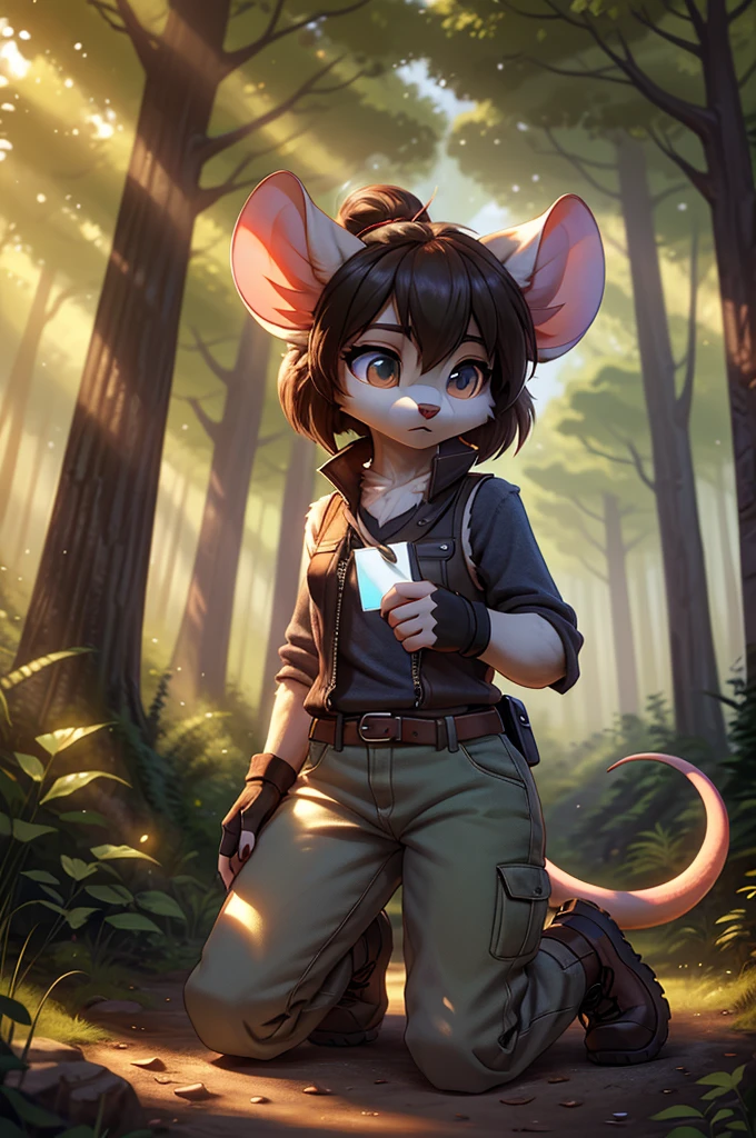 **Prompt:** A beautiful, (masterpiece), high quality, perfect lighting, highly detailed CG Unity 8k wallpaper, high resolution, perfect lighting, youthful, adolescent, tall, slim, skinny, frail slender figure, slim legs, distinctly feminine figure, narrow hips, long legs, close-up shot of a unique female mouse character. She has soft, velvety grey fur with a subtle gradient to white around her muzzle and inner ears, giving her a gentle and delicate appearance. Her hair is a rich chestnut brown, styled in a messy bun with a few loose strands framing her face. Her eyes are a deep, sapphire blue, wide and inquisitive.
She is dressed in a practical yet stylish outfit: a fitted, sleeveless utility vest in olive green with multiple pockets, over a light grey, long-sleeved shirt rolled up to her elbows. She pairs this with tight cargo pants lining her thin long legs, and sturdy hiking boots. Her accessories include a pair of small hoop earrings, a leather utility belt with various pouches, and a pair of fingerless gloves. She is carrying a small magnifying glass and a notepad, indicating her interest in exploration or research.
The character is posed in an active, engaged moment, kneeling down to inspect a tiny flower through her magnifying glass. Her face is the focal point, filled with curiosity and concentration, with a slight, focused frown as she examines the delicate details of the flower. The background is a softly blurred forest floor, with hints of fallen leaves and small plants, enhancing the sense of an intimate and thoughtful interaction with nature. The lighting is dappled, as if filtered through a canopy of trees, casting a warm, natural glow over the scene.