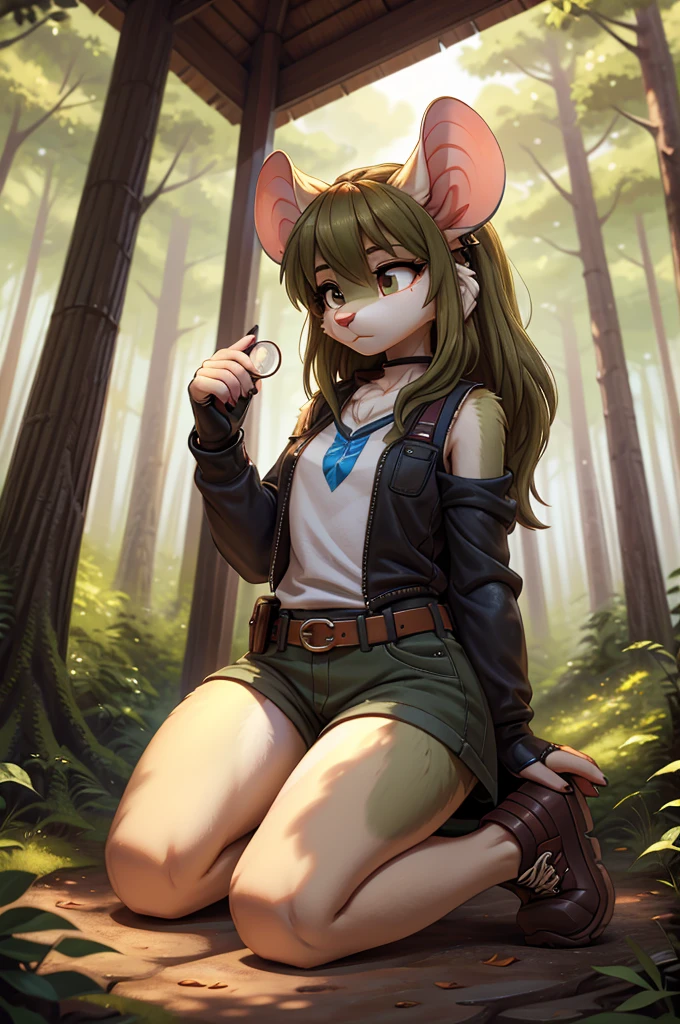 **Prompt:** A beautiful, (masterpiece), high quality, perfect lighting, highly detailed CG Unity 8k wallpaper, high resolution, perfect lighting, youthful, adolescent, tall, slim, skinny, frail slender figure, slim legs, distinctly feminine figure, narrow hips, long legs, close-up shot of a unique female mouse character. She has soft, velvety grey fur with a subtle gradient to white around her muzzle and inner ears, giving her a gentle and delicate appearance. Her hair is a rich chestnut brown, styled in a messy bun with a few loose strands framing her face. Her eyes are a deep, sapphire blue, wide and inquisitive.

She is dressed in a practical yet stylish outfit: a fitted, sleeveless utility vest in olive green with multiple pockets, over a light grey, long-sleeved shirt rolled up to her elbows. She pairs this with tight cargo pants lining her thin long legs, and sturdy hiking boots. Her accessories include a pair of small hoop earrings, a leather utility belt with various pouches, and a pair of fingerless gloves. She is carrying a small magnifying glass and a notepad, indicating her interest in exploration or research.

The character is posed in an active, engaged moment, kneeling down to inspect a tiny flower through her magnifying glass. Her face is the focal point, filled with curiosity and concentration, with a slight, focused frown as she examines the delicate details of the flower. The background is a softly blurred forest floor, with hints of fallen leaves and small plants, enhancing the sense of an intimate and thoughtful interaction with nature. The lighting is dappled, as if filtered through a canopy of trees, casting a warm, natural glow over the scene.