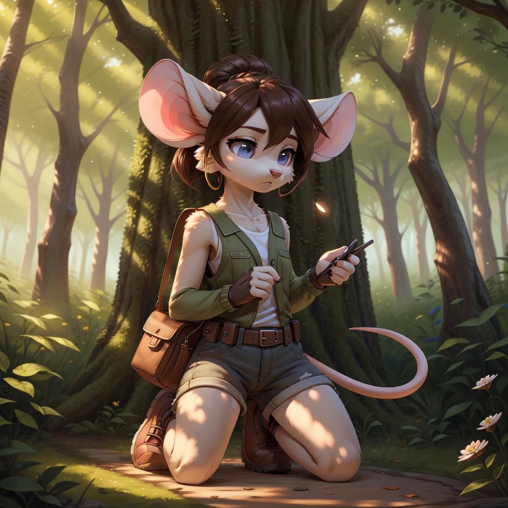**Prompt:** A beautiful, (masterpiece), high quality, perfect lighting, highly detailed CG Unity 8k wallpaper, high resolution, perfect lighting, youthful, adolescent, tall, slim, skinny, frail slender figure, slim legs, distinctly feminine figure, narrow hips, long legs, close-up shot of a unique female mouse character. She has soft, velvety grey fur with a subtle gradient to white around her muzzle and inner ears, giving her a gentle and delicate appearance. Her hair is a rich chestnut brown, styled in a messy bun with a few loose strands framing her face. Her eyes are a deep, sapphire blue, wide and inquisitive.

She is dressed in a practical yet stylish outfit: a fitted, sleeveless utility vest in olive green with multiple pockets, over a light grey, long-sleeved shirt rolled up to her elbows. She pairs this with tight cargo pants lining her thin long legs, and sturdy hiking boots. Her accessories include a pair of small hoop earrings, a leather utility belt with various pouches, and a pair of fingerless gloves. She is carrying a small magnifying glass and a notepad, indicating her interest in exploration or research.

The character is posed in an active sexy pose, engaged moment, kneeling down to inspect a tiny flower through her magnifying glass. Her face is the focal point, filled with curiosity and concentration, with a slight, focused frown as she examines the delicate details of the flower. The background is a softly blurred forest floor, with hints of fallen leaves and small plants, enhancing the sense of an intimate and thoughtful interaction with nature. The lighting is dappled, as if filtered through a canopy of trees, casting a warm, natural glow over the scene.