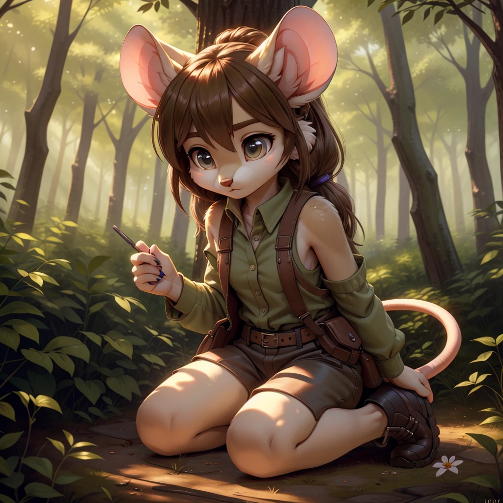 **Prompt:** A beautiful, (masterpiece), high quality, perfect lighting, highly detailed CG Unity 8k wallpaper, high resolution, perfect lighting, youthful, adolescent, tall, slim, skinny, frail slender figure, slim legs, distinctly feminine figure, narrow hips, long legs, close-up shot of a unique female mouse character. She has soft, velvety grey fur with a subtle gradient to white around her muzzle and inner ears, giving her a gentle and delicate appearance. Her hair is a rich chestnut brown, styled in a messy bun with a few loose strands framing her face. Her eyes are a deep, sapphire blue, wide and inquisitive.
She is dressed in a practical yet stylish outfit: a fitted, sleeveless utility vest in olive green with multiple pockets, over a light grey, long-sleeved shirt rolled up to her elbows. She pairs this with tight cargo pants lining her thin long legs, and sturdy hiking boots. Her accessories include a pair of small hoop earrings, a leather utility belt with various pouches, and a pair of fingerless gloves. She is carrying a small magnifying glass and a notepad, indicating her interest in exploration or research.
The character is posed in an active sexy pose, engaged moment, kneeling down to inspect a tiny flower through her magnifying glass. Her face is the focal point, filled with curiosity and concentration, with a slight, focused frown as she examines the delicate details of the flower. The background is a softly blurred forest floor, with hints of fallen leaves and small plants, enhancing the sense of an intimate and thoughtful interaction with nature. The lighting is dappled, as if filtered through a canopy of trees, casting a warm, natural glow over the scene.