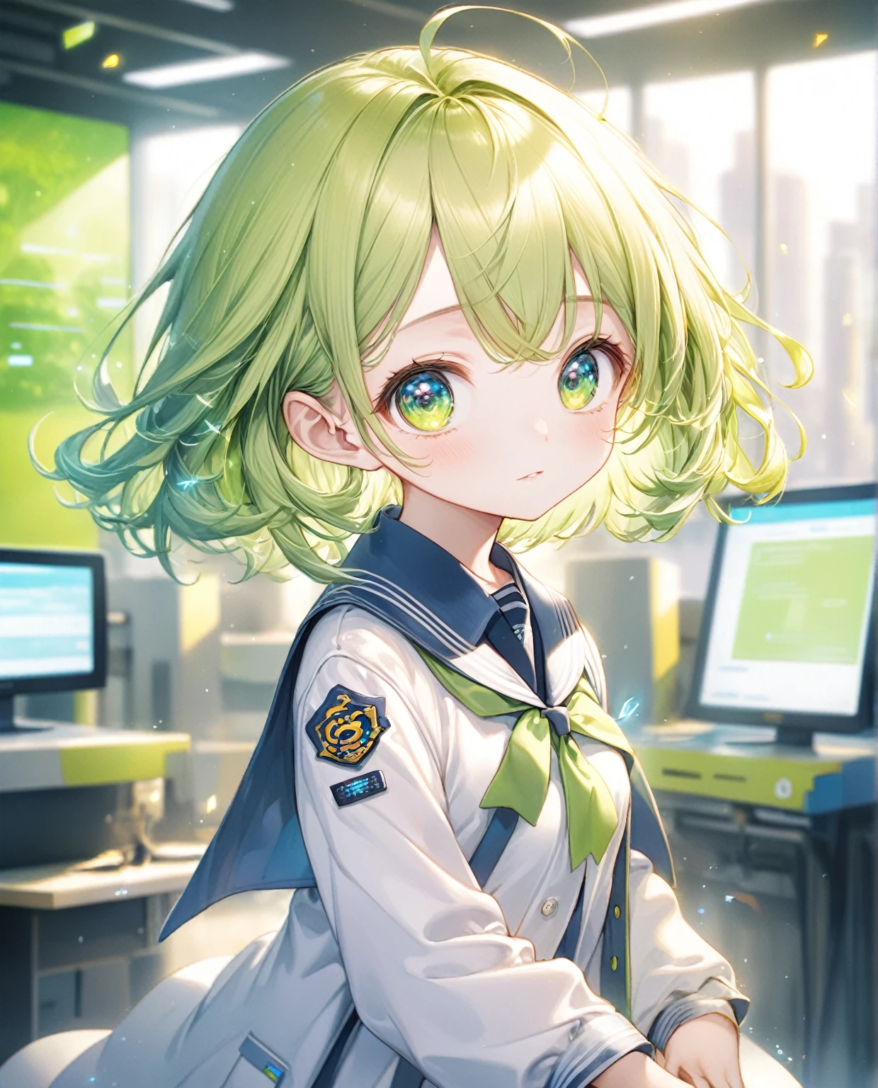 (Highest quality,8k,32K,masterpiece,Ultra-high resolution :1.2 ),born,One girl,Super cute,Natural light,Clear, shining eyes,20-year-old,Fair skin,Electronic world fantasy background,Green Hair,In uniform, 学born服,