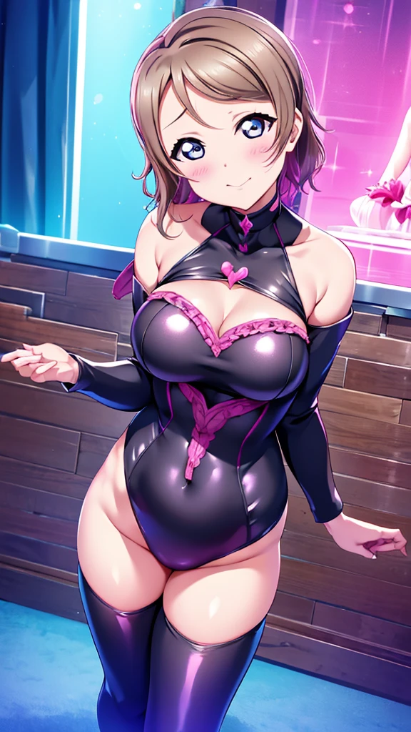 Erotic、lovelive　Watanabe You、Black tight rubber suit、Off the shoulder、Pink love hotel with dim lights、Cool look、A chuckle、Evil female executive、adult、Married Woman、Are standing、lure、Fallen into evil