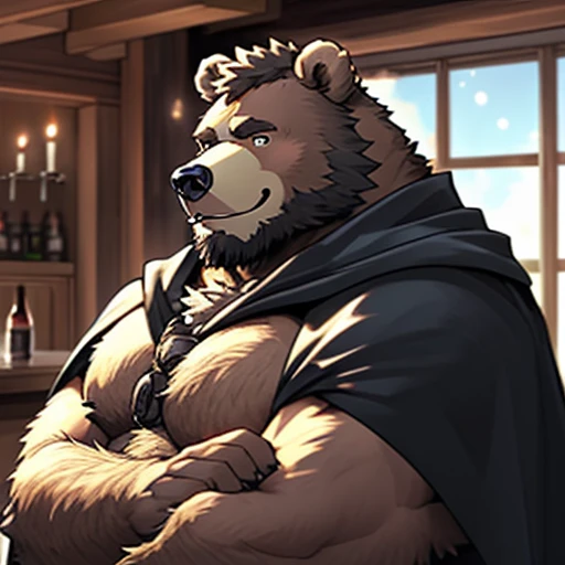 Eye contact, Black eyes, hairy, Solitary, light white fur, Brown fur, black beard, Close-up face, Profile picture, Cross your arms, Blink, Smile, anthropology (Bear), male, (Bear), middle aged, muscular,There is a little beer belly，Naked except for a cape，Big dick