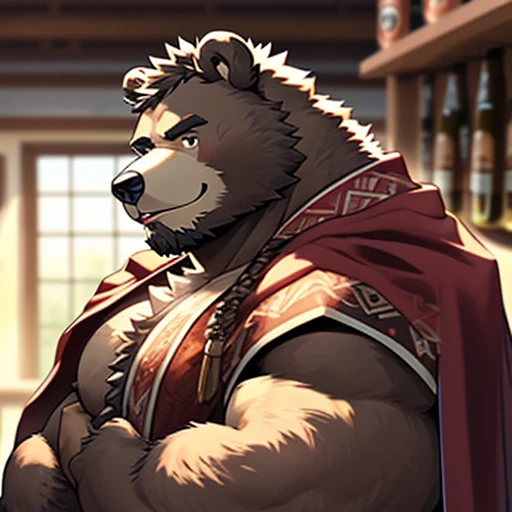 Eye contact, Black eyes, hairy, Solitary, light white fur, Brown fur, black beard, Close-up face, Profile picture, Cross your arms, Blink, Smile, anthropology (Bear), male, (Bear), middle aged, muscular,There is a little beer belly,Naked except for a cape,Big dick