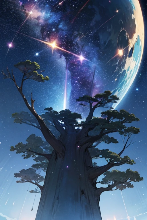 world Tree 9000 meters altitude world Treeに家がある明かりがついている At night, the starry sky spreads out A big comet is flying