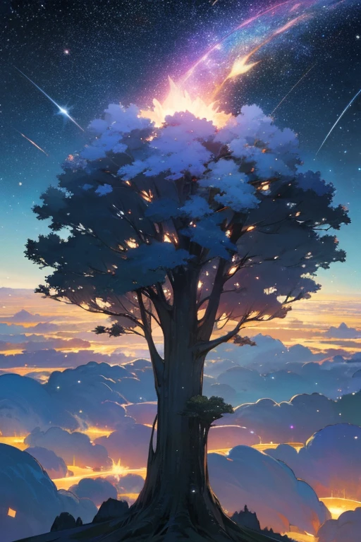 world Tree　9000 meters altitude　world Treeに家がある明かりがついている　At night, the starry sky spreads out　A big comet is flying