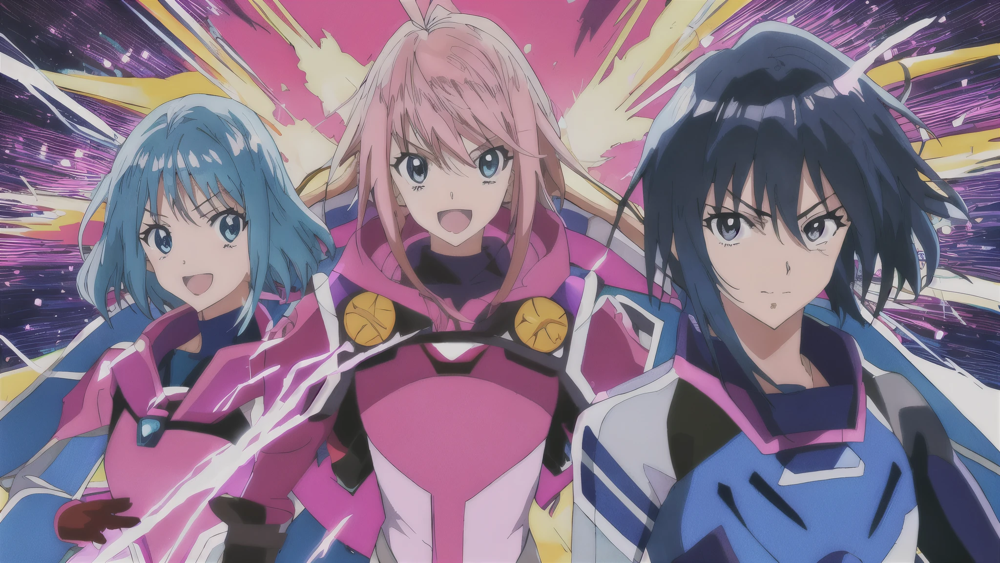 Group of anime rangers posing with a colorful pink and blue explosion behind them. Vibrant colors