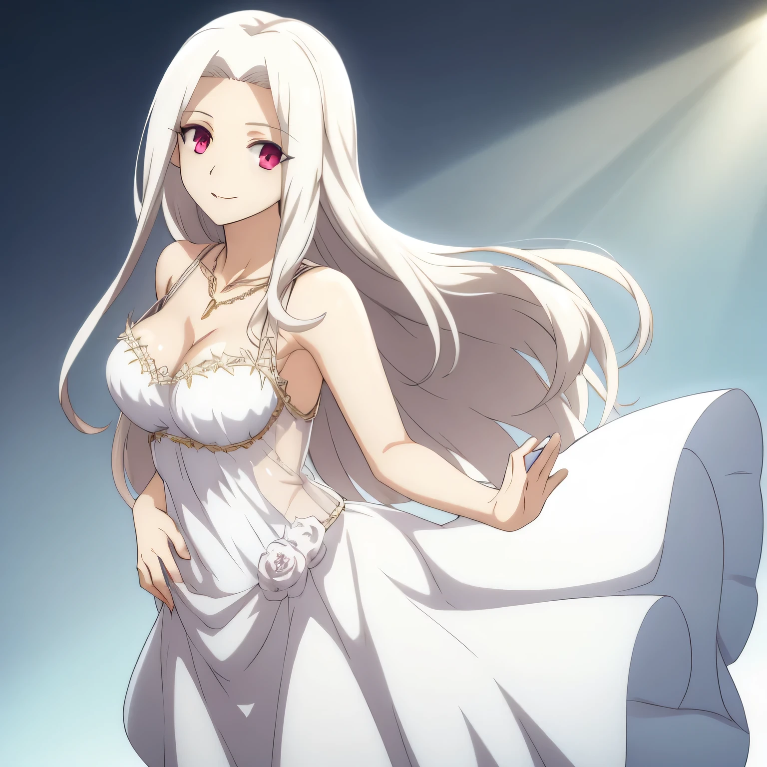 Irisviel,cold sheer dress sleeveless,solo,looking at viewer,beautiful smile,arm at side,middle size of breast,beautiful necklace,