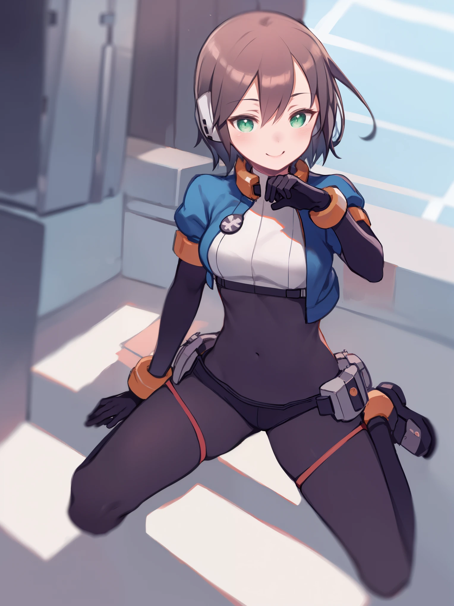 aile_megamanzx, kneeling with one hand on the ground and the other arm raised, 1girl, solo, short hair, brown hair, short sleeves, (bodysuit), robot ears, green eyes, very_short_shorts, short sleeves, short over long sleeves, smile, in futuristic city, , high quality, medium_breasts,crotch, slouch,groin,solo