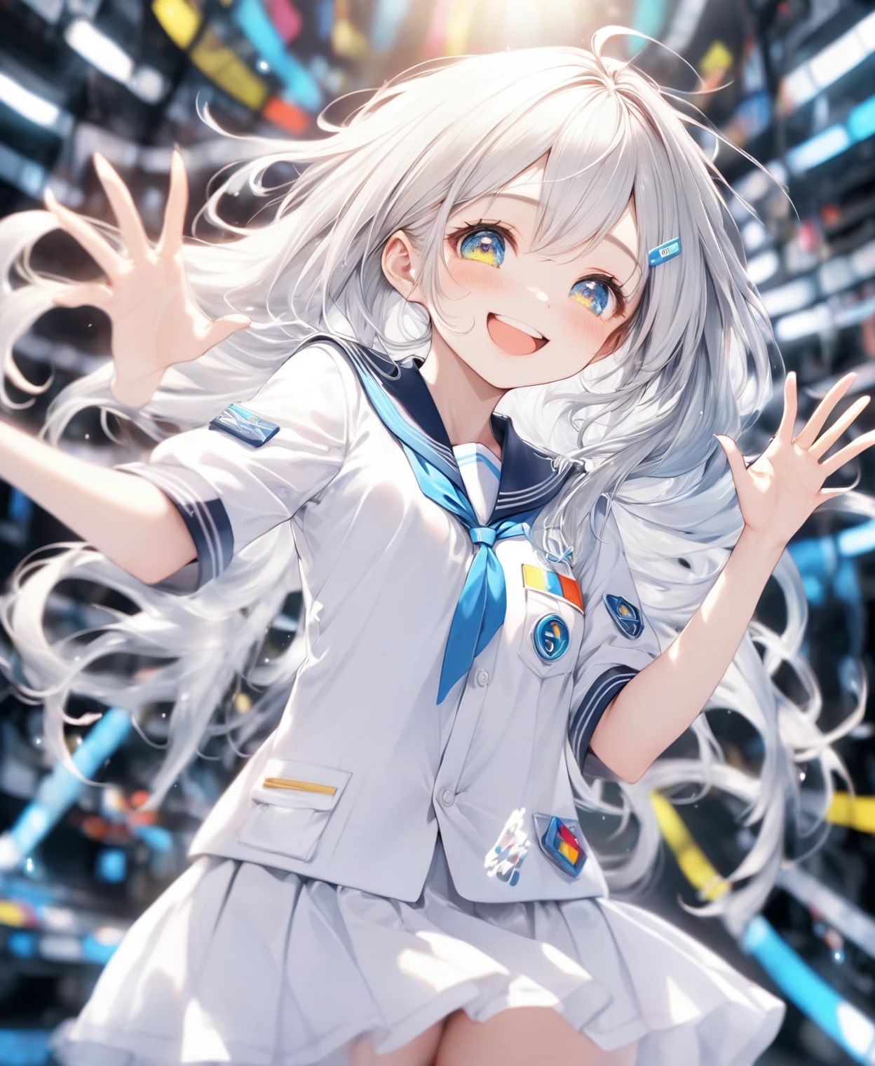 (Highest quality,8k,32K,masterpiece,Ultra-high resolution :1.2 ),to be born,One Girl,So cute,Natural light,clear, Shining Eyes,20-year-old,Fair skin,Electronic World Fantasy Background, Silver Hair, A little colorful hair, In uniform, , Long Hair, An innocent smile, laughing, Fluid pose, A dynamic pose