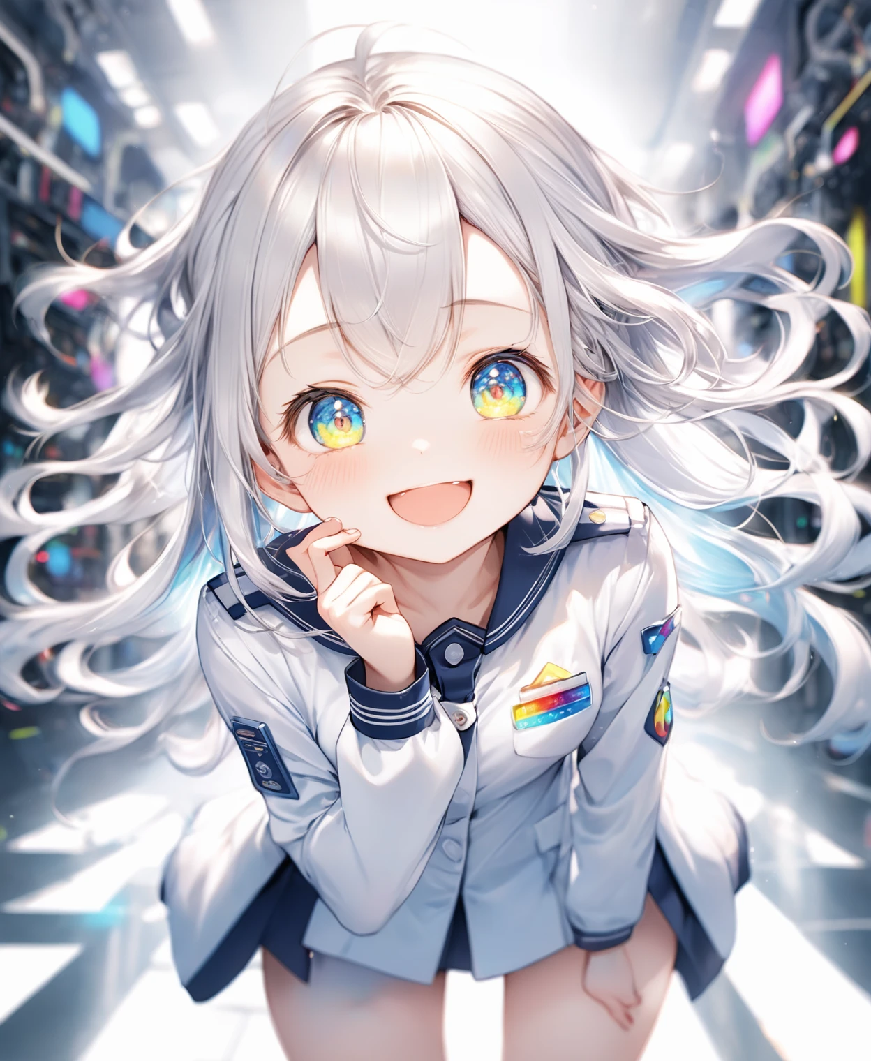 (Highest quality,8k,32K,masterpiece,Ultra-high resolution :1.2 ),to be born,One Girl,So cute,Natural light,clear, Shining Eyes,20-year-old,Fair skin,Electronic World Fantasy Background, Silver Hair, A little colorful hair, In uniform, , Long Hair, An innocent smile, laughing, Fluid pose, A dynamic pose