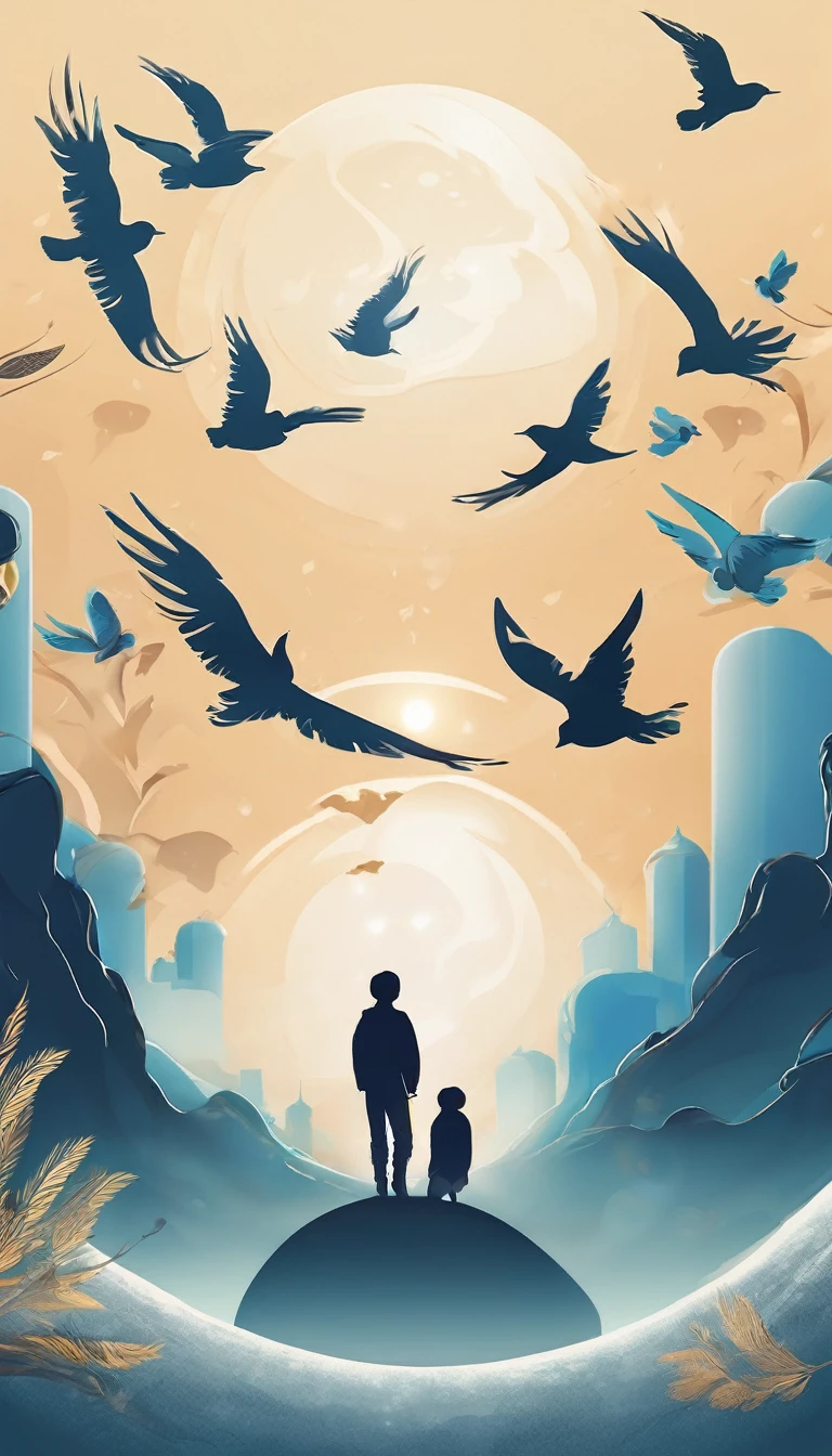 Create a professional, fantastic, cinematic dream-like YouTube Banner for a brand about music, stories, fantasy and dreams called " Penamemoria". Masterpiece, 4k, sharp focus, highest quality,wide shot. The title is " Penamemoria". Is a brand about the creative, unique journey of a boy into becoming a musician storyteller. In his journey, he finds inspiration in a world of birds and feathers. Minimalistic, simple, poetic, dreamy logotype at the center of the image. The Background image is a world full of fantastic feathers, unique birds, light blue sky, soft white and light golden. Logo design of a face of a boy and a face of a feather
