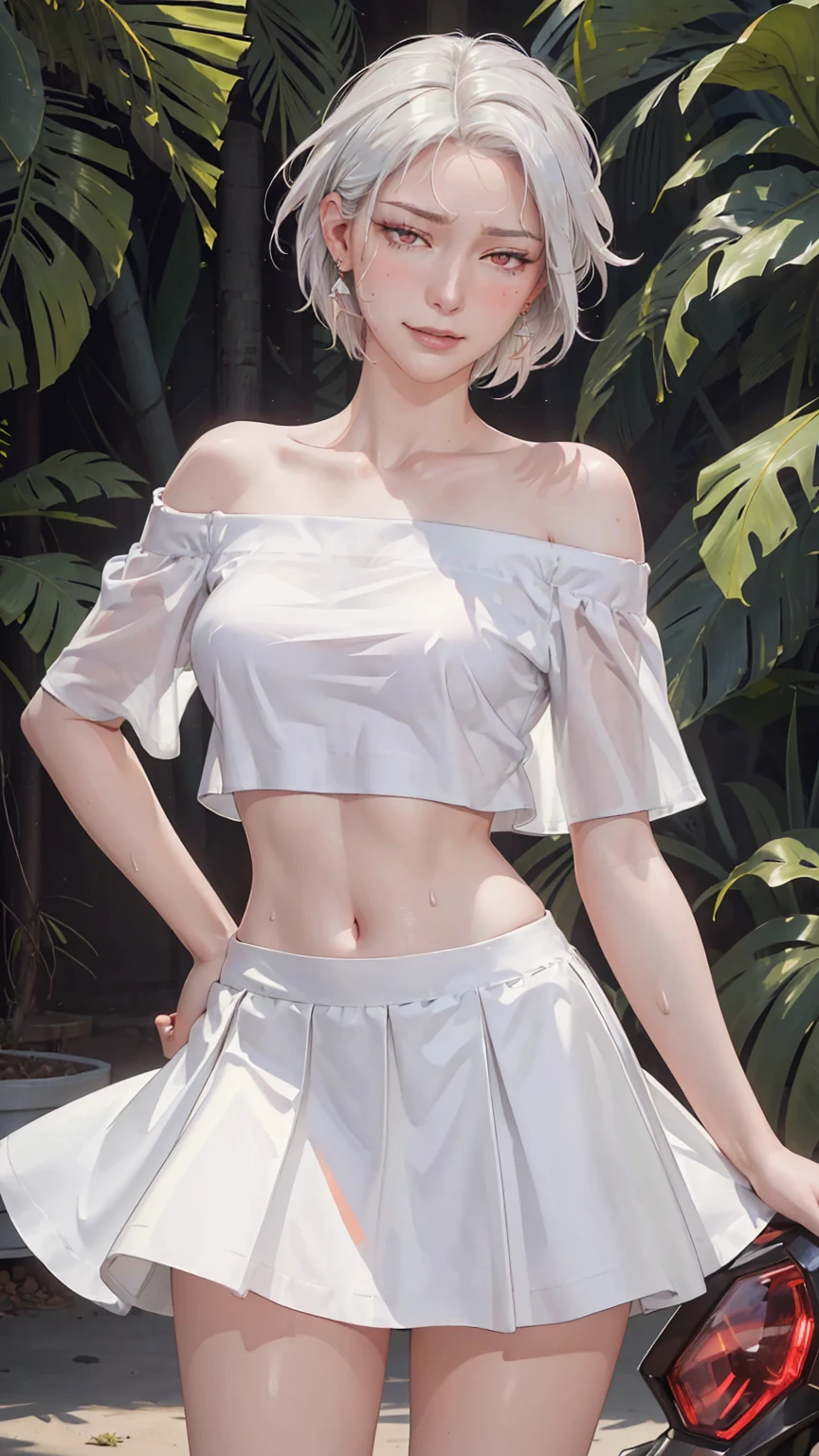 Realistic, 1girl, (panties), lush hair, purple eyes, glowing eyes, cropped top, skirt, bare shoulders, parted lips, blush, night, flowers, sun, sunlight, (shows his panties), (lifts the skirt up with his hands), white skirt, short skirt, medium-length hair, real, warm colors, white short dress, white clothes, light background color, daytime environment, bright color background, saudi, ocean, cute,