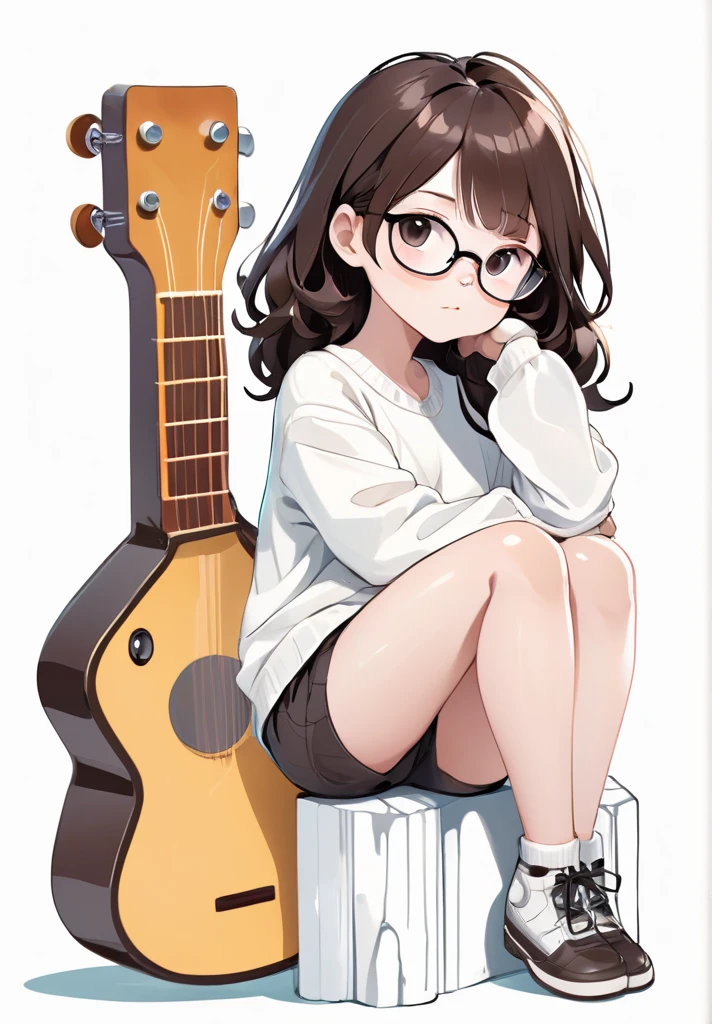 high resolution,best qualityer,naturals, 
Illustrator without black lines, black contour lines, or black line drawings, flat illustration e monocromática, coloring similar to foreign animation, Chibi character, アニメ, fluffly, full body illustration, Deformed illustration, black daughter, skin black, with glasses, sitting holding a guitar with white and brown as precious colors, flat illustration, Simpler, minimalism, White background, without bangs, slickedback hair, afro,, fleshy lips.
