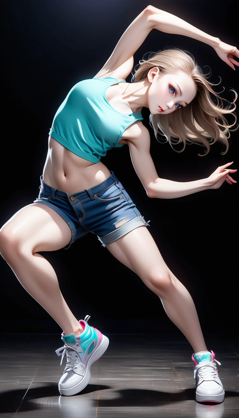 (Generated in SFW:2.0), masterpiece, Highest quality, Realistic photos, RAW Photos, dynamic dancing woman, alone, Beautiful Face, Bangs that fall on the forehead, Casual clothing, (Tight tank top:1.2), (Denim shorts:1.2), No sleeve, Seductive body lines, alluring looks, break, Cool dance, break, Hip Hop Dance, (Black background color:1.5), (A dark background to make your subject stand out:1.1), (Focus on the eyes), (Full Body Shot:1.2), break, Street dance, Hip Hop Dance, Club dance, dynamic pose, dynamic, Moments that captivate you, Concentrated face, View your viewers, bend, Spread your legs, Cool pose, Apply random anagrams to create completely different new works,