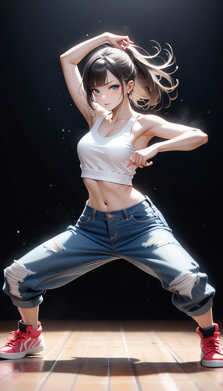 (Generated in SFW:2.0), masterpiece, Highest quality, Realistic photos, RAW Photos, dynamic dancing woman, alone, Beautiful Face, Bangs that fall on the forehead, Casual clothing, (Tight tank top:1.2), (Denim shorts:1.2), No sleeve, Seductive body lines, alluring looks, break, Cool dance, break, Hip Hop Dance, (Black background color:1.5), (A dark background to make your subject stand out:1.1), (Focus on the eyes), (Full Body Shot:1.2), break, Street dance, Hip Hop Dance, Club dance, dynamic pose, dynamic, Moments that captivate you, Concentrated face, View your viewers, bend, Spread your legs, Cool pose, Apply random anagrams to create completely different new works,