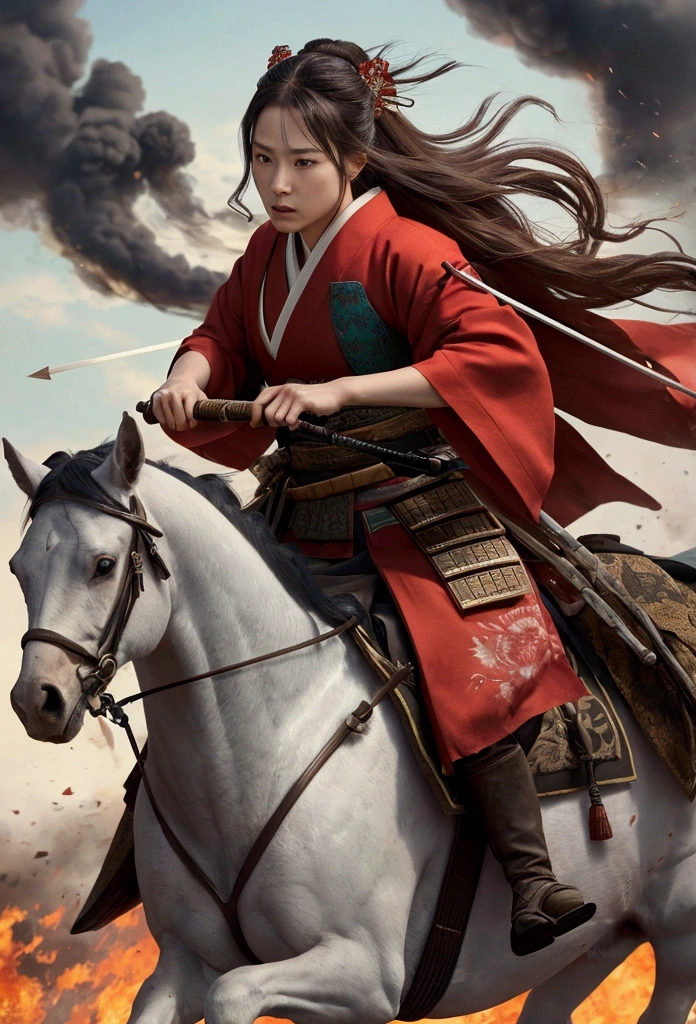 Realistic and cinematic style, a young beautiful female samurai with long hair, dressed in a white and red kimono with intricate adornments, riding a horse, aiming a bow at her enemy, with a serious and focused expression, amidst flames and smoke, the wind flowing around her, set in the Sengoku period during a battle, capturing the moment she is about to release an arrow at enemy soldiers from horseback, conveying a sense of speed and urgency, the camera positioned from the front for a knee shot of her on horseback, emphasizing the dynamic action and intense atmosphere of the scene, realistic background showing battlefield chaos with other warriors and horses,