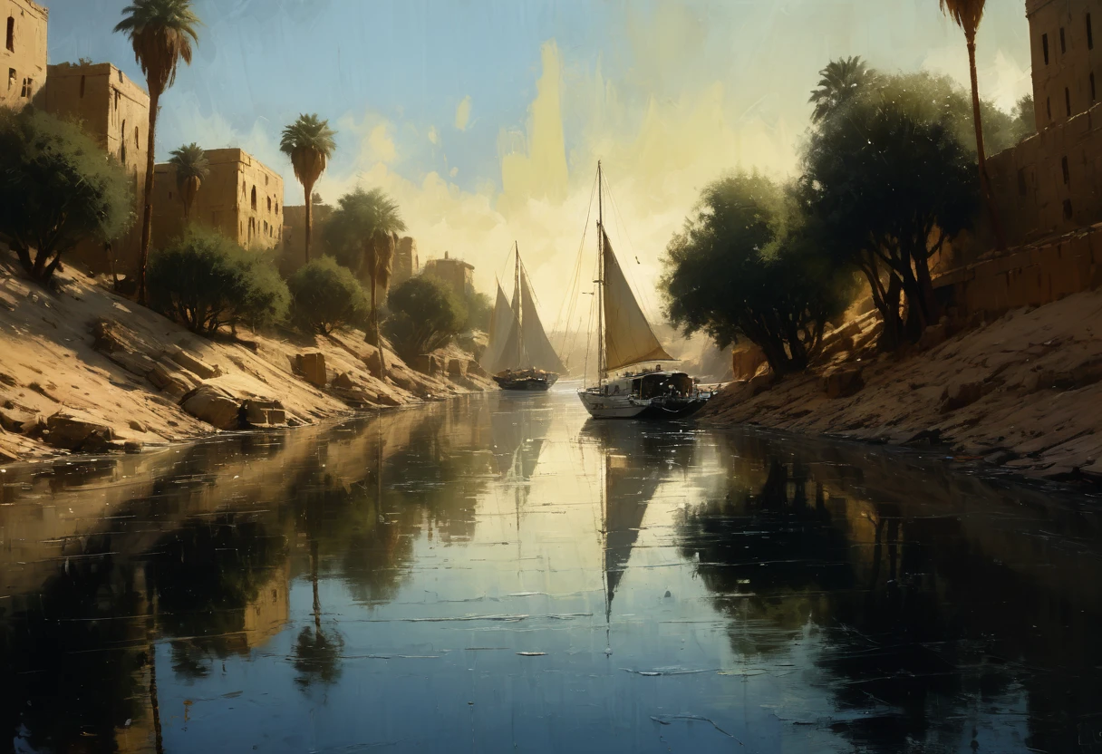 Jeremy Mann. (Nature and Landscapes painting) masterpiece. Impasto oil painting, textured. Saturated deep colors. High contrast. Detail. Multi-layered image with cellular shadows. Beautiful Landscapes, Perfect Nature, Nile landscape in Aswan, Sailboats on the Nile River Aswan, Clear Egyptian sky, featuring local flora and fauna, golden ratio, award winning, highly detailed, centered, drawn, complex, volumetric lighting, beautiful, masterpiece, depth of field, perfect composition, high resolution 8K, palette knife and brush strokes, Artistic style of a professional artist., epic royal background, big royal uncropped crown, royal jewelry, robotic, nature, full shot, symmetrical, Greg Rutkowski, Charlie Bowater, Beeple, Unreal 5, hyperrealistic, dynamic lighting, fantasy art