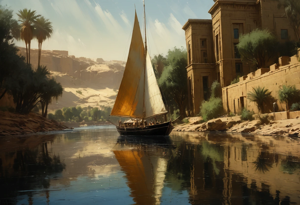 Jeremy Mann. (Nature and Landscapes painting) masterpiece. Impasto oil painting, textured. Saturated deep colors. High contrast. Detail. Multi-layered image with cellular shadows. Beautiful Landscapes, Perfect Nature, Nile landscape in Aswan, Sailboats on the Nile River Aswan, Clear Egyptian sky, featuring local flora and fauna, golden ratio, award winning, highly detailed, centered, drawn, complex, volumetric lighting, beautiful, masterpiece, depth of field, perfect composition, high resolution 8K, palette knife and brush strokes, Artistic style of a professional artist., epic royal background, big royal uncropped crown, royal jewelry, robotic, nature, full shot, symmetrical, Greg Rutkowski, Charlie Bowater, Beeple, Unreal 5, hyperrealistic, dynamic lighting, fantasy art