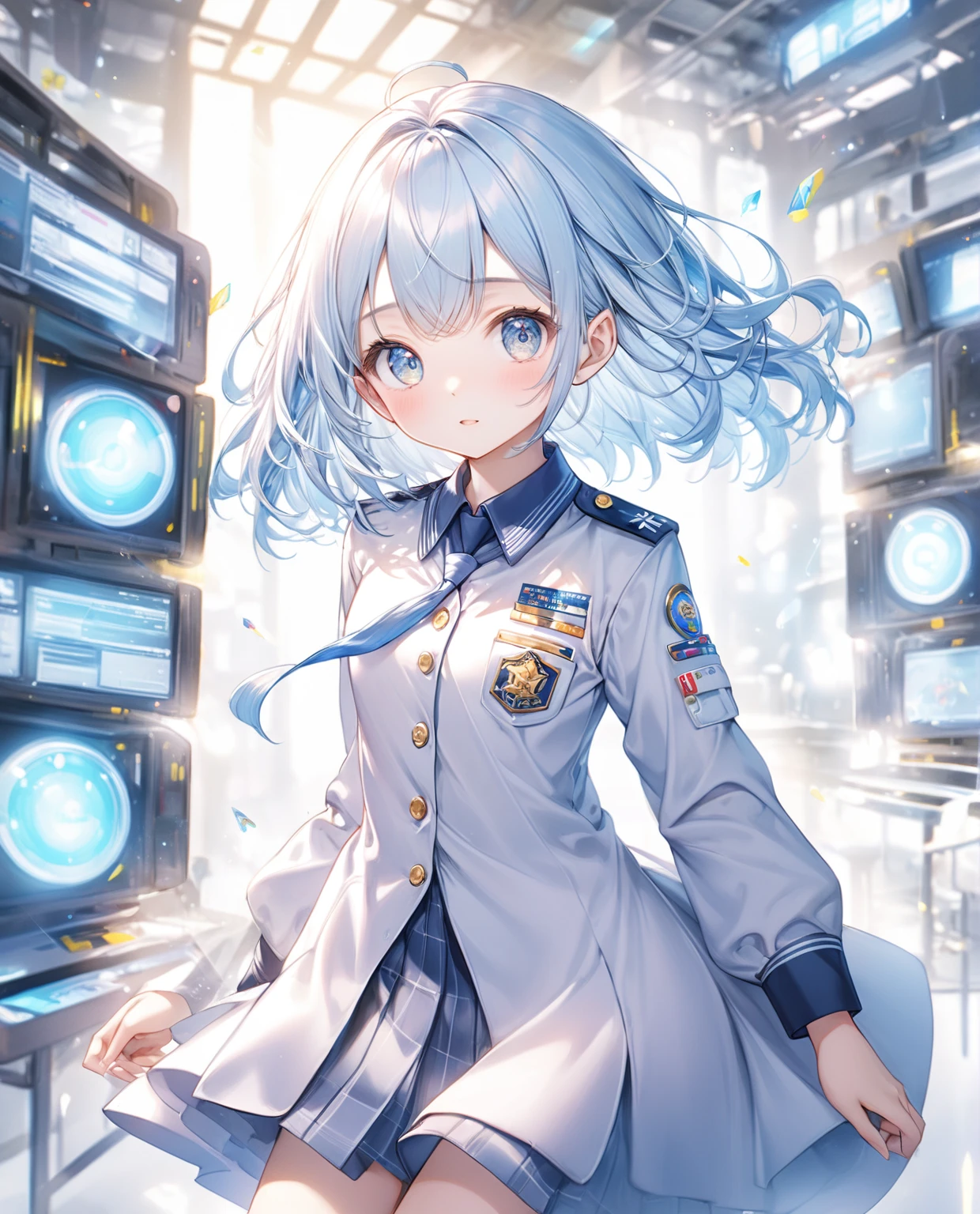 (Highest quality,8k,32K,masterpiece,Ultra-high resolution :1.2 ),born,One girl,Super cute,Natural light,Clear, shining eyes,20-year-old,Fair skin,Electronic world fantasy background,Light blue hair,In uniform, 学born服,