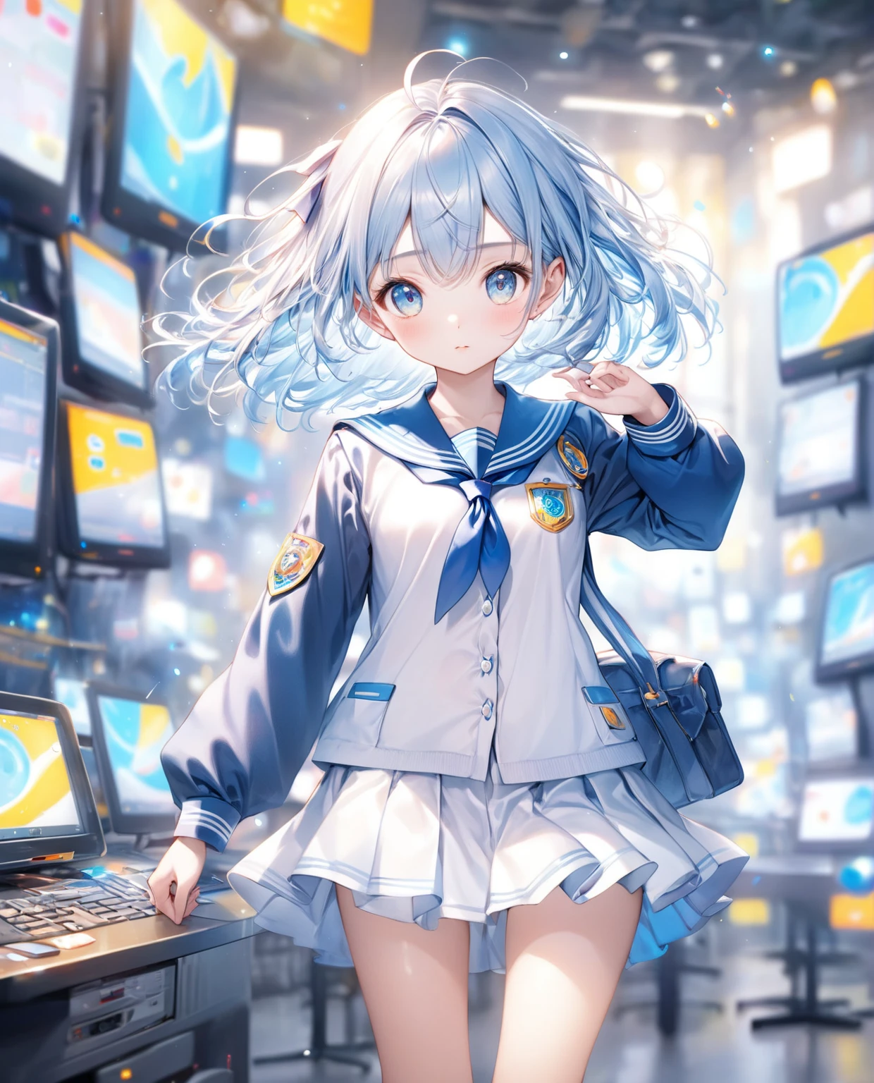 (Highest quality,8k,32K,masterpiece,Ultra-high resolution :1.2 ),born,One girl,Super cute,Natural light,Clear, shining eyes,20-year-old,Fair skin,Electronic world fantasy background,Light blue hair,In uniform, 学born服,