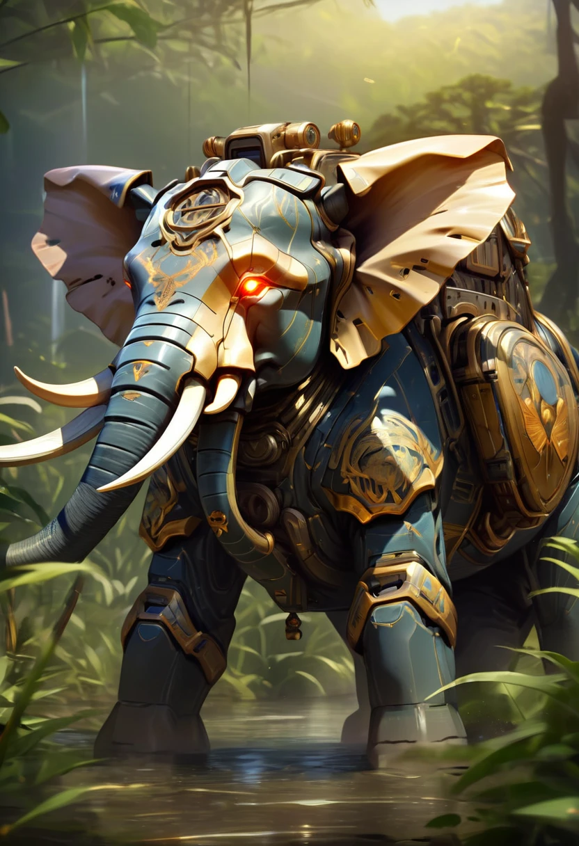 a portrait of a ((mechanical elephant: 1.2)) in the jungle, an epic mecha elephant ((full body: 1.5)), ((anatomically correct: 1.5)), (ultra detailed face: 1.2), mechanical eyes, ,mechanical trunk, in the savannah , full of savannah wild life, there is a stream of water, it is a sunny day, there are sun rays, savannah background, vibrant, Ultra-high resolution, High Contrast, (masterpiece:1.5), highest quality, Best aesthetics), best details, best quality, highres, 16k, (ultra detailed: 1.5), masterpiece, best quality, (extremely detailed) RAW, (ultra details, Masterpiece, best quality), nijimecha