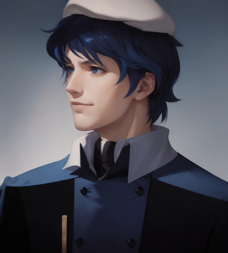 illustration of a man, blue clothes, an illustration inspired by Kanō Hōgai, tumblr, romanticism, yang wen-li, portrait, dark-blue hair, the sandman from graphic novel, deep focus, wearing navy-blue beret, dark blue jacket, fastened with buttons down the front, with a high collar and structured fit. The jacket features shoulder insignias and two breast pockets with button flaps. Underneath the jacket, he wears a light-colored scarf that adds elegance, golden buttons