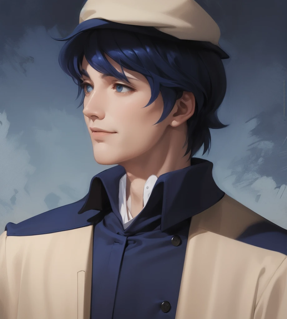 illustration of a man, blue clothes, an illustration inspired by Kanō Hōgai, tumblr, romanticism, yang wen-li, portrait, dark-blue hair, the sandman from graphic novel, deep focus, wearing navy-blue beret, dark blue jacket, fastened with buttons down the front, with a high collar and structured fit. The jacket features shoulder insignias and two breast pockets with button flaps. Underneath the jacket, he wears a light-colored scarf that adds elegance, golden buttons