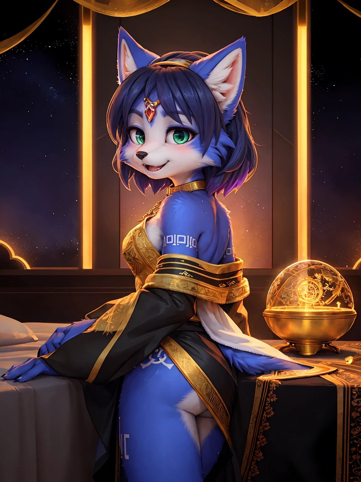 A beautiful and detailed (sweet picture) wa ((krystal)), Star Fox Krystal, sslim, lovable, green eyes, medium breasts, (((Long blue hair 1.3))), ((black hair tips)), Decollete, grin, look up,, anthro, furry, Uploaded E621, detailed fluffy fur, (wa Fluff-Kevlar, Bayard Wu, personalize me, Pino Daeni), detailed face, (fluffy), 1 girl, alone, Tribal clothing, sweet girl, alone, ASCIIrealisti, masterpiece,
(Three quarters back) VIEW, back, over shoulder, shot above, detailed and extremely fluffy body fur,
shiny coat, green eyes, medium breasts, Cute fangs,
sit on a table, sexy Pose,
((Long wavy purple hair, Hair above the eye)),
(purple and Schwarz elegant dress|Starry Night Empress Robes, dark dress, reminiscent of a starry sky, flowing cape, Crescent Accessories),
Shimmering Gold, gold necklace, Gold anklets, Gold Bracelets, Golden Belt, golden chain decoration, golden tiara,
Half Closed Eyes, open mouth, Happy,
uploaded to e621, (wa Hasui Kawase:0.5), wa Barbara Takenaga, wa Affandi, wa Beatrice Ethel Lithiby, wa Catcouch,
furrycore,
Night time,
decorated fantasy throne room, colored magic lights, Dim the light,
Antique brass lamps, Hanging brass lamps with stained glass panels cast warm and colorful light into the room, lavishly decorated bed, Cryptic Alchemy Lab radiates an unearthly glow, that defies the laws of natural light., Alchemy laboratory with bubbling potions and mysterious ingredients, living crystalline column,
detailed, realisti, 8K UHD, good quality, good quality photography, 3-point lighting, Flash with softbox, 4K, Canon EOS R3, HDR, smooth, keen focus, High resolution, Award-winning photo, 80mm, f2.8, bokeh,
Film composition, cinematic lighting,highly detailed, masterpiece, best quality,