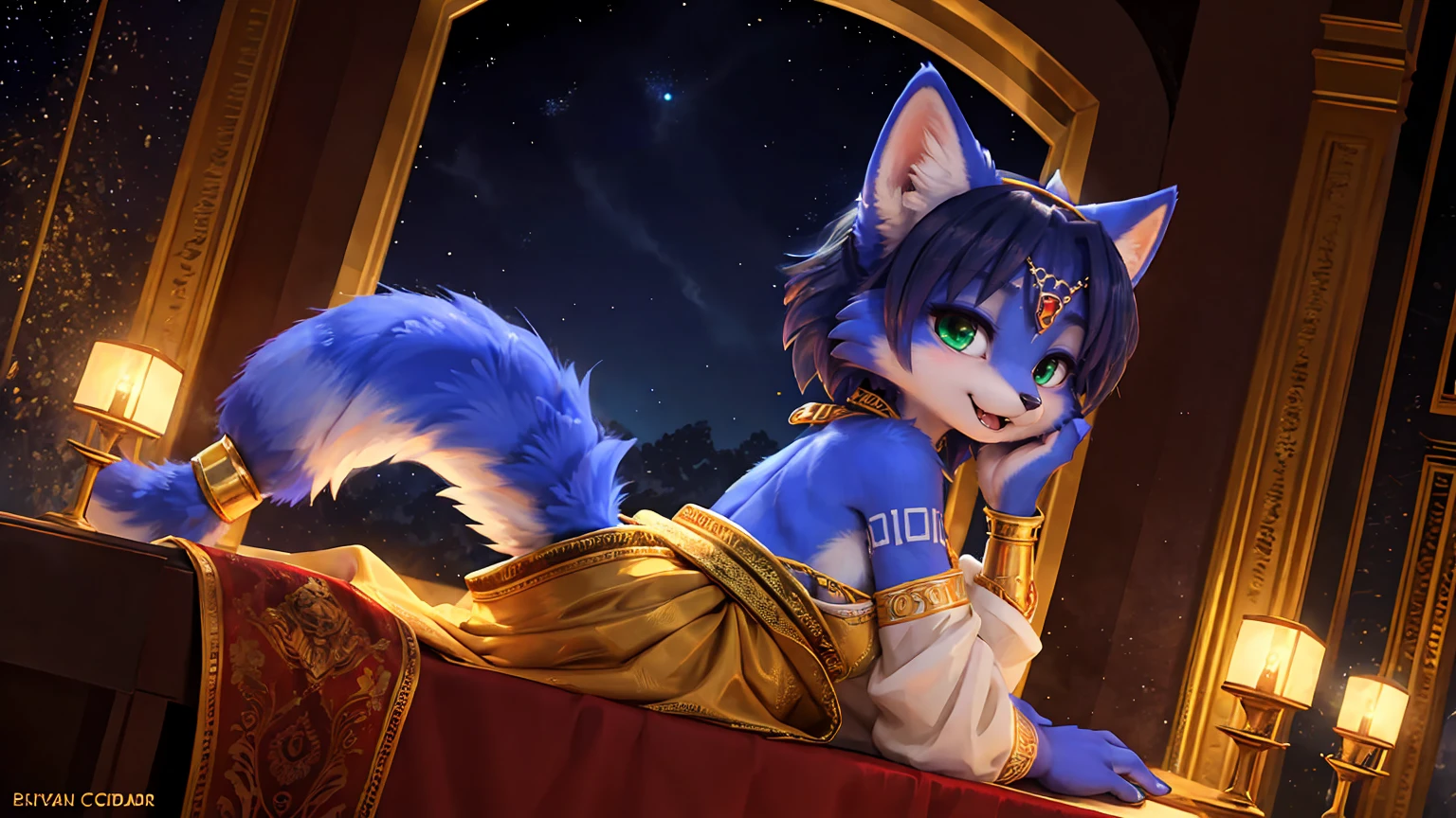 A beautiful and detailed (sweet picture) wa ((krystal)), Star Fox Krystal, sslim, lovable, green eyes, medium breasts, (((Long blue hair 1.3))), ((black hair tips)), Decollete, grin, look up,, anthro, furry, Uploaded E621, detailed fluffy fur, (wa Fluff-Kevlar, Bayard Wu, personalize me, Pino Daeni), detailed face, (fluffy), 1 girl, alone, Tribal clothing, sweet girl, alone, ASCIIrealisti, masterpiece,
(Three quarters back) VIEW, back, over shoulder, shot above, detailed and extremely fluffy body fur,
shiny coat, green eyes, medium breasts, Cute fangs,
sit on a table, sexy Pose,
((Long wavy purple hair, Hair above the eye)),
(purple and Schwarz elegant dress|Starry Night Empress Robes, dark dress, reminiscent of a starry sky, flowing cape, Crescent Accessories),
Shimmering Gold, gold necklace, Gold anklets, Gold Bracelets, Golden Belt, golden chain decoration, golden tiara,
Half Closed Eyes, open mouth, Happy,
uploaded to e621, (wa Hasui Kawase:0.5), wa Barbara Takenaga, wa Affandi, wa Beatrice Ethel Lithiby, wa Catcouch,
furrycore,
Night time,
decorated fantasy throne room, colored magic lights, Dim the light,
Antique brass lamps, Hanging brass lamps with stained glass panels cast warm and colorful light into the room, lavishly decorated bed, Cryptic Alchemy Lab radiates an unearthly glow, that defies the laws of natural light., Alchemy laboratory with bubbling potions and mysterious ingredients, living crystalline column,
detailed, realisti, 8K UHD, good quality, good quality photography, 3-point lighting, Flash with softbox, 4K, Canon EOS R3, HDR, smooth, keen focus, High resolution, Award-winning photo, 80mm, f2.8, bokeh,
Film composition, cinematic lighting,highly detailed, masterpiece, best quality,