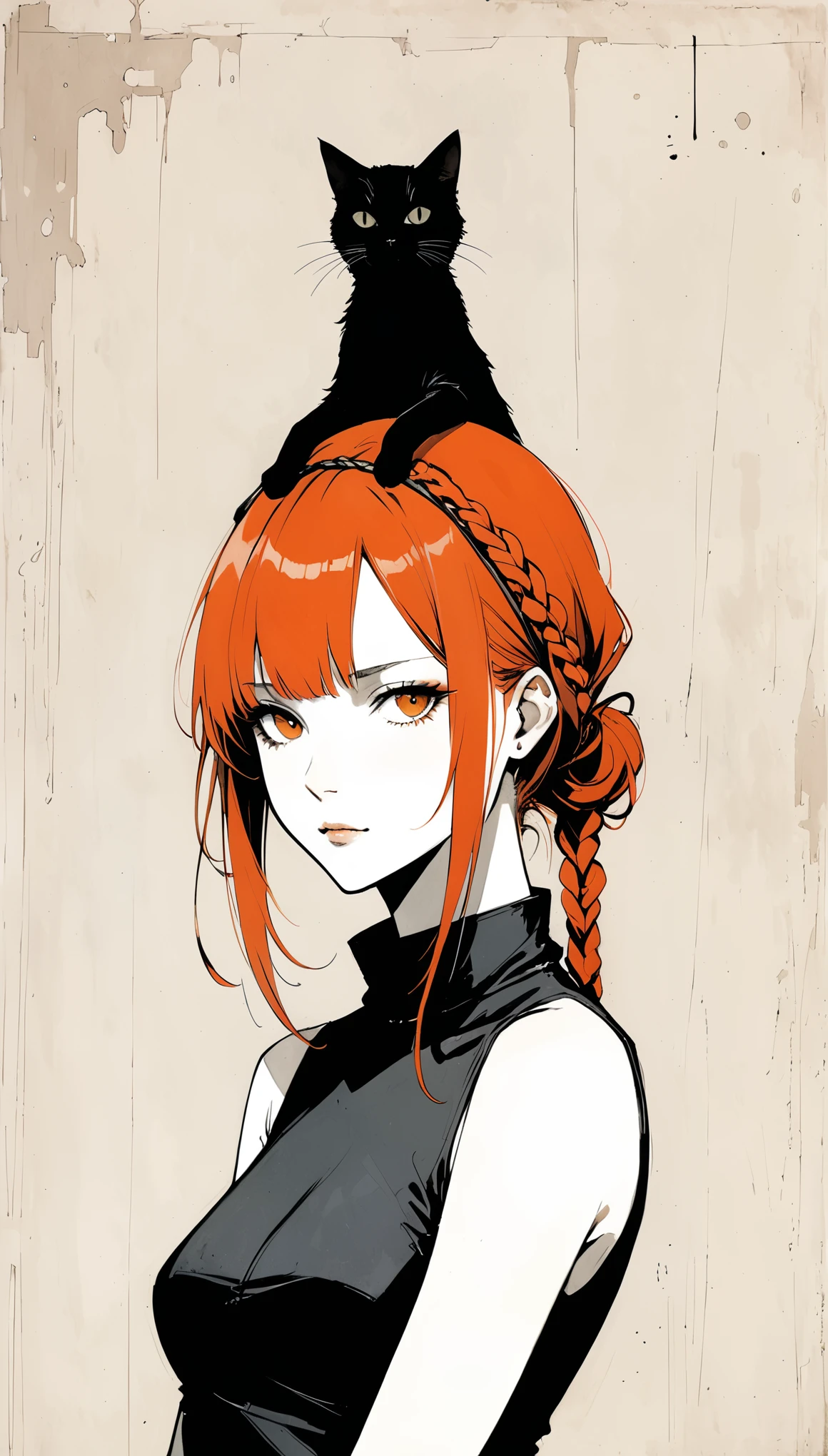 in style of Santiago Caruso,in style of ashley wood,in style of Barnett Newman,in style of Axel Törneman
character concept design,(1girl:1.1),upper_body,front braid,cat on head,arm above head