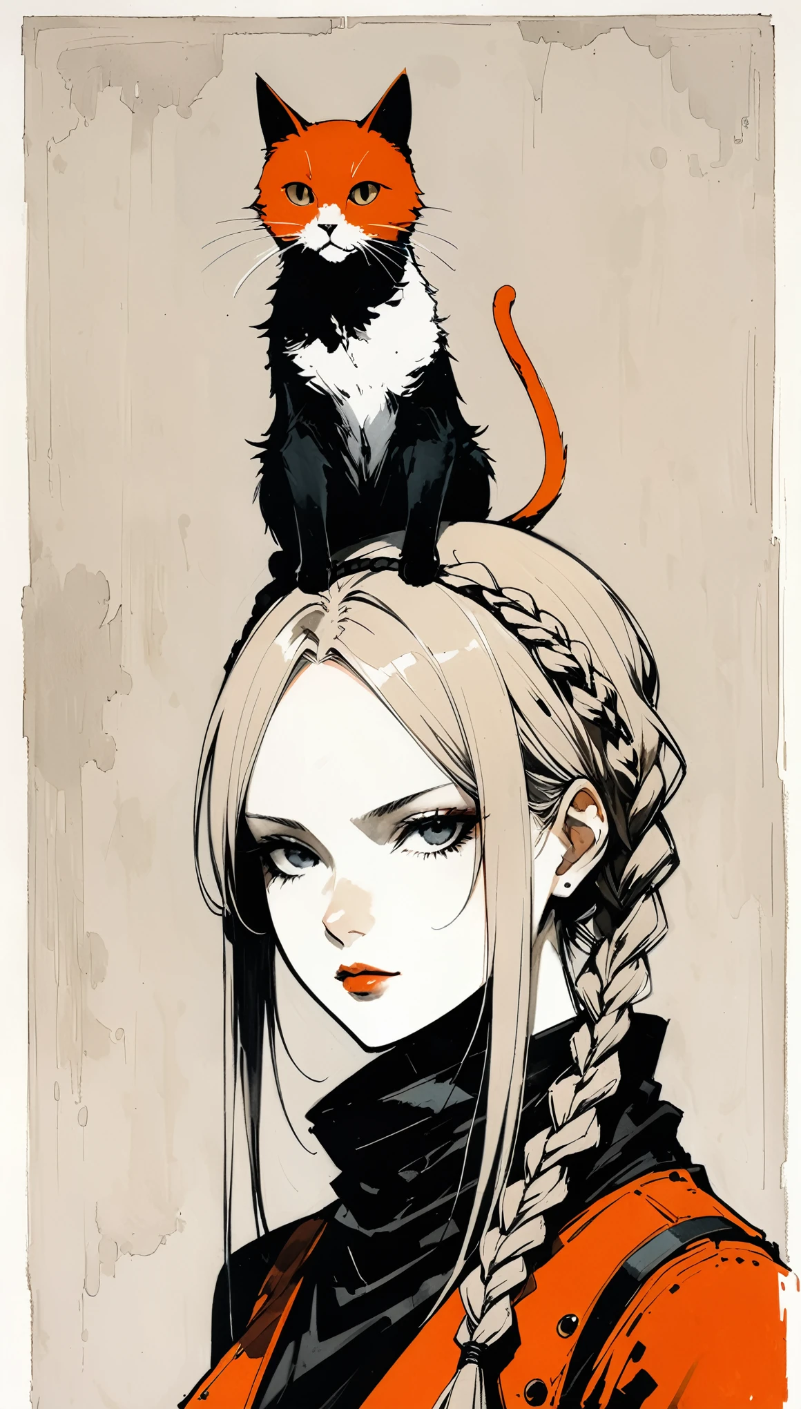 in style of Santiago Caruso,in style of ashley wood,in style of Barnett Newman,in style of Axel Törneman
character concept design,(1girl:1.1),upper_body,front braid,cat on head