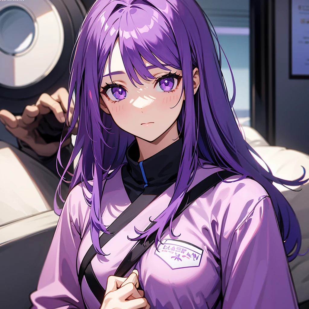 A pretty girl , purple hair, purple eyes, wear home clothes