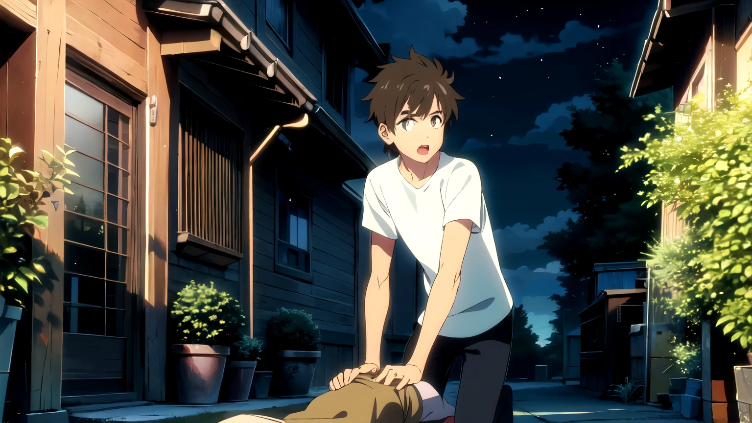 1 Girl,Take the dagger,Sting forward,Background old house,night,1 Boy,Palm injury