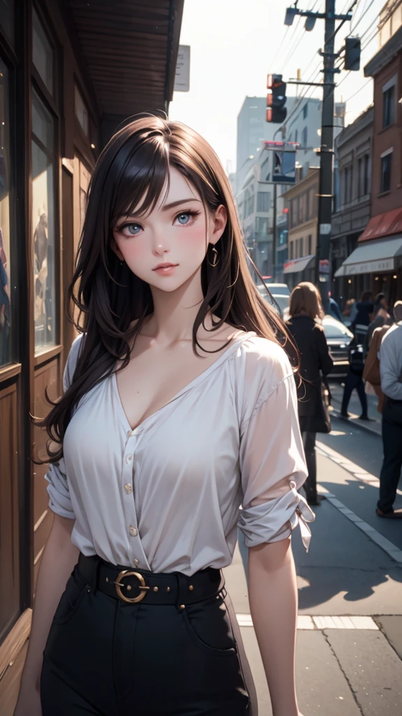 Photo of a beautiful woman standing on a street corner, Perfect model body shape, Stylish pants style, Stylish jacket, sunglasses, Very stylish, with influence of Jeremy Mann, Jeremy Mann, style of Jeremy Mann, Jeremy Mann painting, Jeremy Mann art, Ron Hicks, Liepke, Jeremy Mann and alphonse mucha, Works that influenced Edmund Blampidt, Robert Lenkiewicz, Casey Bo and James Jean, Works that influenced Willem Kalf, Nick Alm, tumbler, Figurative art, Intense watercolor, Watercolor detailed art,Beautiful and expressive paintings, Beautiful artwork illustration, wonderful, Cool Beauty, masterpiece, Highest quality, Official Art, Perfect composition, The perfect angle, Best Shot, Perfect subject, women only, Sharp contours, romantic, Sulky, Very beautiful and detailed, Beautiful and delicate eyes, Ideal animation, sentimental, Milan, close