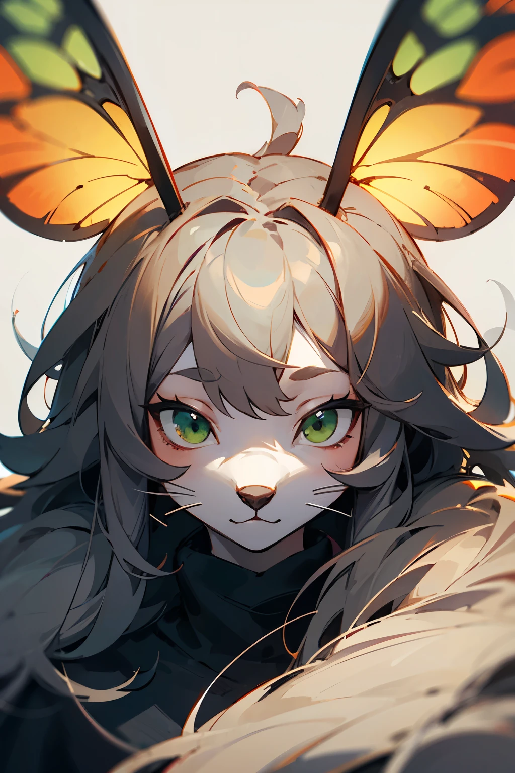 ((Best quality)), ((masterpiece)), (detailed), furry character, moth, human-like, Black wool, green eyes, man, looks ahead, front view, The face is cute, without Background