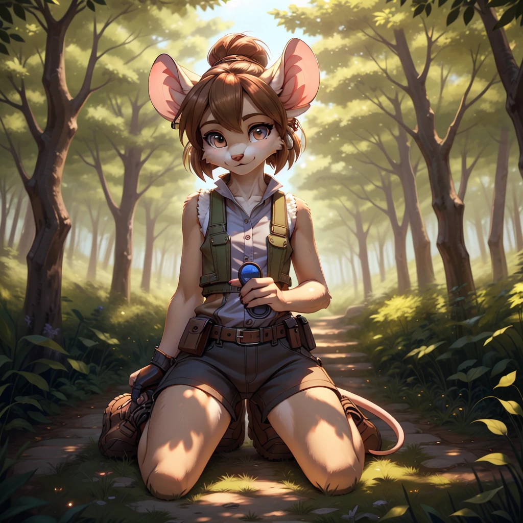 **Prompt:** A beautiful, (masterpiece), high quality, perfect lighting, highly detailed CG Unity 8k wallpaper, high resolution, perfect lighting, youthful, adolescent, tall, slim, skinny, frail slender figure, slim legs, distinctly feminine figure, narrow hips, long legs, close-up sexy modelling shot of a unique female mouse babe. She has soft, velvety grey fur with a subtle gradient to white around her muzzle and inner ears, giving her a gentle and delicate appearance. Her hair is a rich chestnut brown, styled in a messy bun with a few loose strands framing her face. Her eyes are a deep, sapphire blue, wide and inquisitive.
She is dressed in a practical yet stylish outfit: a fitted, sleeveless utility vest in olive green with multiple pockets, over a light grey, long-sleeved shirt rolled up to her elbows. She pairs this with tight cargo pants lining her thin long legs, cameltoe, and sturdy hiking boots. Her accessories include a pair of small hoop earrings, a leather utility belt with various pouches, and a pair of fingerless gloves. She is carrying a small magnifying glass and a notepad, indicating her interest in exploration or research.
The character is posed in an active sexy pose, engaged moment, kneeling downThe background is a softly blurred forest floor,The lighting is dappled, as if filtered through a canopy of trees, casting a warm, natural glow over the scene.