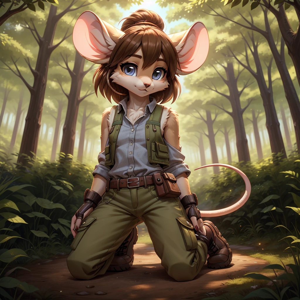 **Prompt:** A beautiful, (masterpiece), high quality, perfect lighting, highly detailed CG Unity 8k wallpaper, high resolution, perfect lighting, youthful, adolescent, tall, slim, skinny, frail slender figure, slim legs, distinctly feminine figure, narrow hips, long legs, close-up sexy modelling shot of a unique female mouse babe. She has soft, velvety grey fur with a subtle gradient to white around her muzzle and inner ears, giving her a gentle and delicate appearance. Her hair is a rich chestnut brown, styled in a messy bun with a few loose strands framing her face. Her eyes are a deep, sapphire blue, wide and inquisitive.
She is dressed in a practical yet stylish outfit: a fitted, sleeveless utility vest in olive green with multiple pockets, over a light grey, long-sleeved shirt rolled up to her elbows. She pairs this with tight cargo pants lining her thin long legs, cameltoe, and sturdy hiking boots. Her accessories include a pair of small hoop earrings, a leather utility belt with various pouches, and a pair of fingerless gloves. She is carrying a small magnifying glass and a notepad, indicating her interest in exploration or research.
The character is posed in an active sexy pose, engaged moment, kneeling downThe background is a softly blurred forest floor,The lighting is dappled, as if filtered through a canopy of trees, casting a warm, natural glow over the scene.