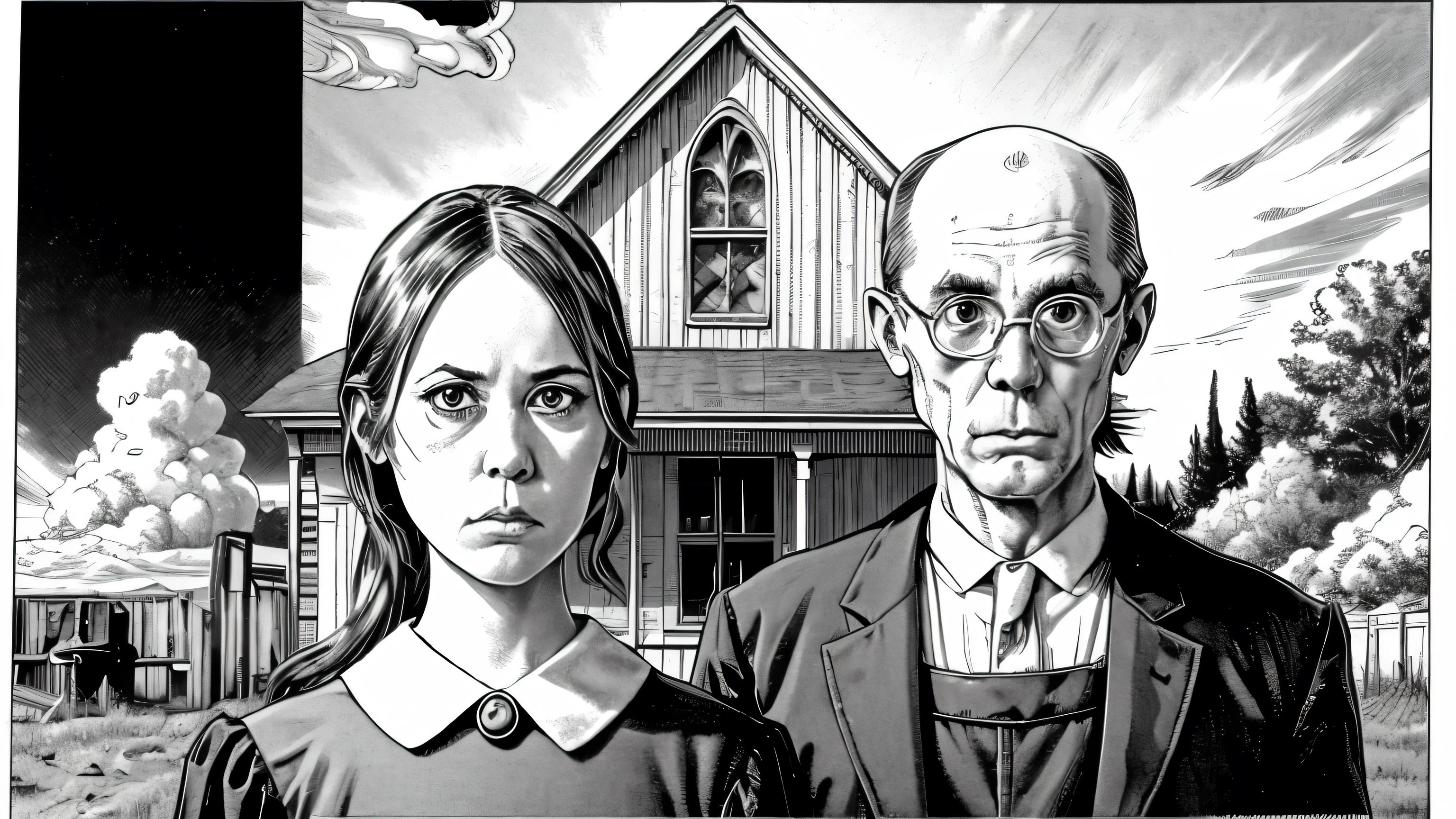 American Gothic, Nuclear explosion, comic style, manga, halftones, without people