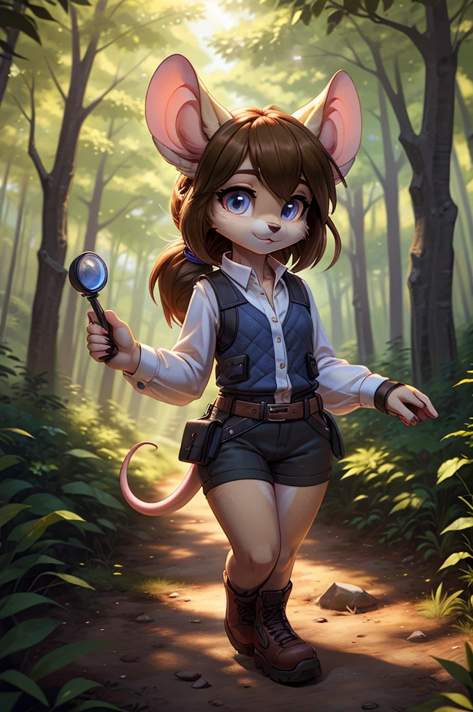 **Prompt:** A beautiful, (masterpiece), high quality, perfect lighting, highly detailed CG Unity 8k wallpaper, high resolution, perfect lighting, youthful, adolescent, tall, slim, skinny, frail slender figure, slim legs, distinctly feminine figure, narrow hips, long legs, close-up sexy modelling shot of a unique female mouse babe. She has soft, velvety grey fur with a subtle gradient to white around her muzzle and inner ears, giving her a gentle and delicate appearance. Her hair is a rich chestnut brown, styled in a messy bun with a few loose strands framing her face. Her eyes are a deep, sapphire blue, wide and inquisitive.
She is dressed in a practical yet stylish outfit: a fitted, sleeveless utility vest in olive green with multiple pockets, over a light grey, long-sleeved shirt rolled up to her elbows. She pairs this with tight cargo pants lining her thin long legs, cameltoe, and sturdy hiking boots. Her accessories include a pair of small hoop earrings, a leather utility belt with various pouches, and a pair of fingerless gloves. She is carrying a small magnifying glass and a notepad, indicating her interest in exploration or research.
The character is posed in an active sexy pose, engaged moment, kneeling downThe background is a softly blurred forest floor,The lighting is dappled, as if filtered through a canopy of trees, casting a warm, natural glow over the scene.