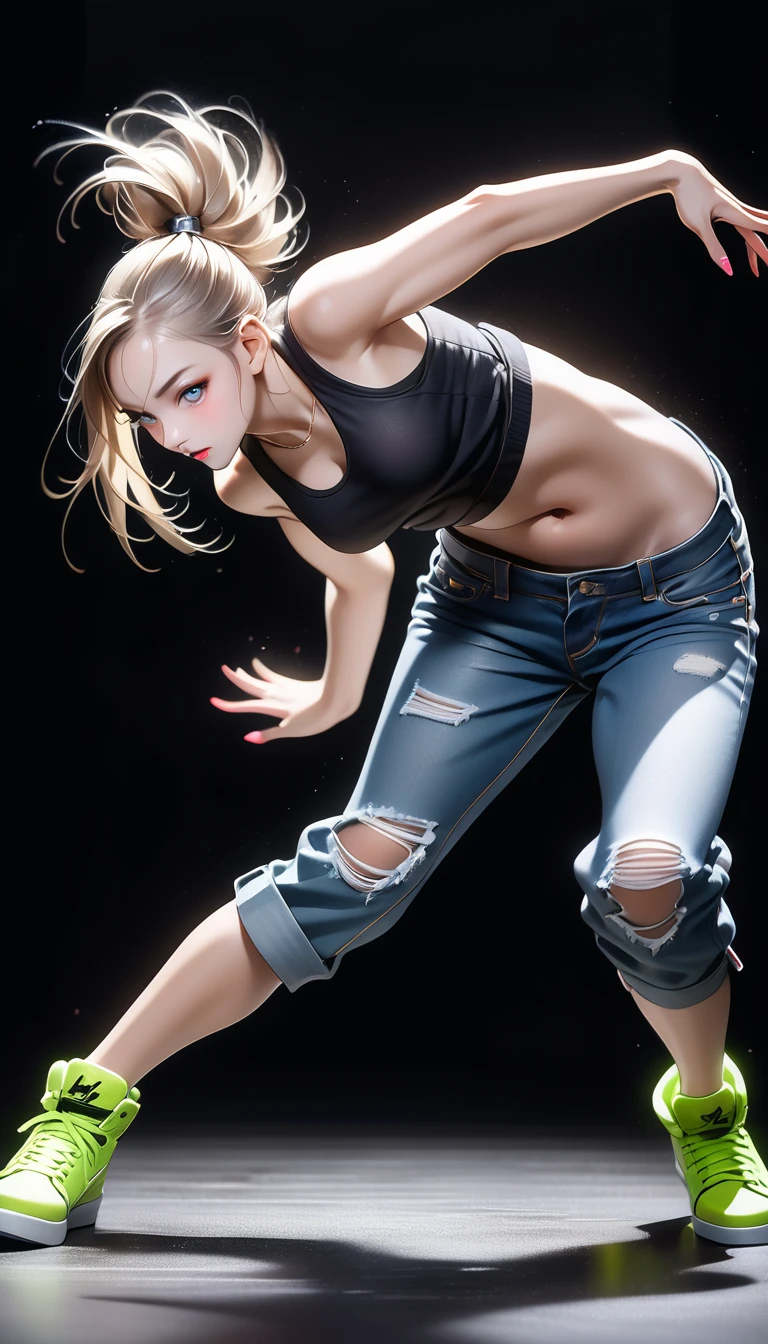 (Generated in SFW:2.0), masterpiece, Highest quality, Realistic photos, RAW Photos, dynamic dancing woman, alone, Beautiful Face, Bangs that fall on the forehead, Casual clothing, (Tight tank top:1.2), (Denim shorts:1.2), No sleeve, Seductive body lines, alluring looks, break, Cool dance, break, Hip Hop Dance, (Black background color:1.5), (A dark background to make your subject stand out:1.1), (Focus on the eyes), (Full Body Shot:1.2), break, Street dance, Hip Hop Dance, Club dance, dynamic pose, dynamic, Moments that captivate you, Concentrated face, View your viewers, bend, Spread your legs, Cool pose, Apply random anagrams to create completely different new works,