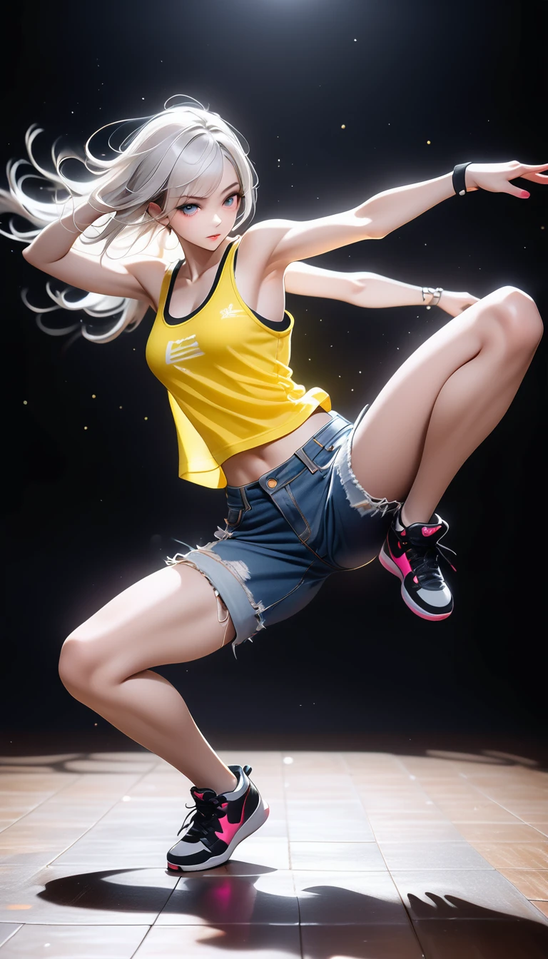 (Generated in SFW:2.0), masterpiece, Highest quality, Realistic photos, RAW Photos, dynamic dancing woman, alone, Beautiful Face, Bangs that fall on the forehead, Casual clothing, (Tight tank top:1.2), (Denim shorts:1.2), No sleeve, Seductive body lines, alluring looks, break, Cool dance, break, Hip Hop Dance, (Black background color:1.5), (A dark background to make your subject stand out:1.1), (Focus on the eyes), (Full Body Shot:1.2), break, Street dance, Hip Hop Dance, Club dance, dynamic pose, dynamic, Moments that captivate you, Concentrated face, View your viewers, bend, Spread your legs, Cool pose, Apply random anagrams to create completely different new works,