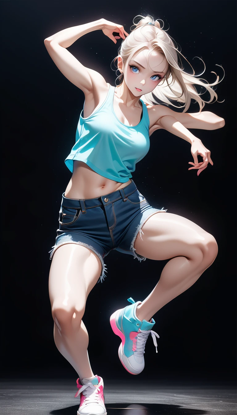 (Generated in SFW:2.0), masterpiece, Highest quality, Realistic photos, RAW Photos, dynamic dancing woman, alone, Beautiful Face, Bangs that fall on the forehead, Casual clothing, (Tight tank top:1.2), (Denim shorts:1.2), No sleeve, Seductive body lines, alluring looks, break, Cool dance, break, Hip Hop Dance, (Black background color:1.5), (A dark background to make your subject stand out:1.1), (Focus on the eyes), (Full Body Shot:1.2), break, Street dance, Hip Hop Dance, Club dance, dynamic pose, dynamic, Moments that captivate you, Concentrated face, View your viewers, bend, Spread your legs, Cool pose, Apply random anagrams to create completely different new works,