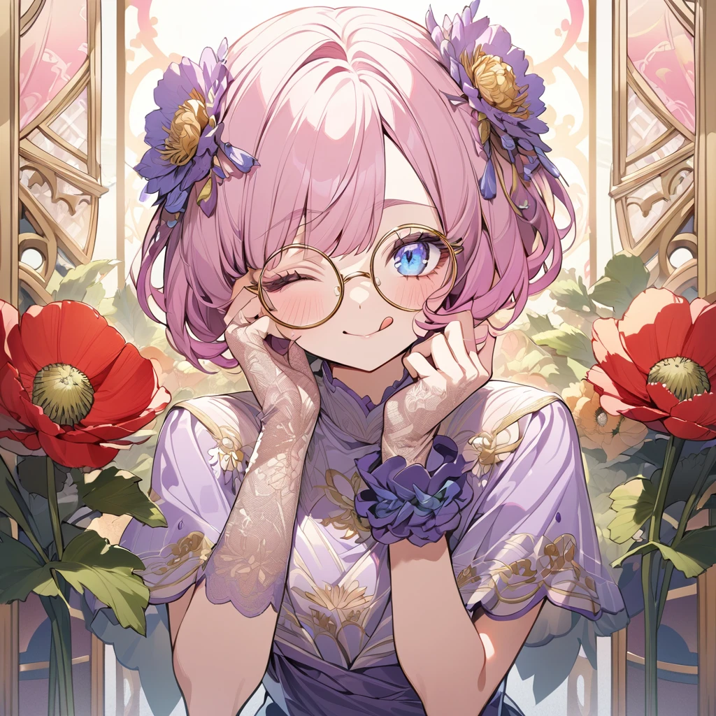Hiori Light Art, Backlight, Pink Theme, (Art Nouveau:1.2), (Background of Meandros:1.2), pastel colour, One girl, alone, Portraiture, Pink Hair、Round Glasses、Short Bob,誕生日のホールcake, Striped Hair, 彼女は誕生日のホールcakeが乗った皿を持っている, (Long eyelashes:1.2), Light purple eyes, Round Glasses,Long eyelashes, Silk dress, cakeのドレス, blue embroidery, Short sleeve, Birthday mood、Lace gloves, Wrist scrunchies, (Emphasis on high-quality fabrics, embroidery:1.2 ), close, (;q:1.1), Open both eyes,Conceit,Scheming expression, Put your hand on your cheek, head_Tilt, (Emphasis on high-quality fabrics, embroidery:1.2), bloom, Shine, Perfect lighting, masterpiece, Highest quality, Incredibly absurd, Super detailed, reflection, cake, Poppy, peony