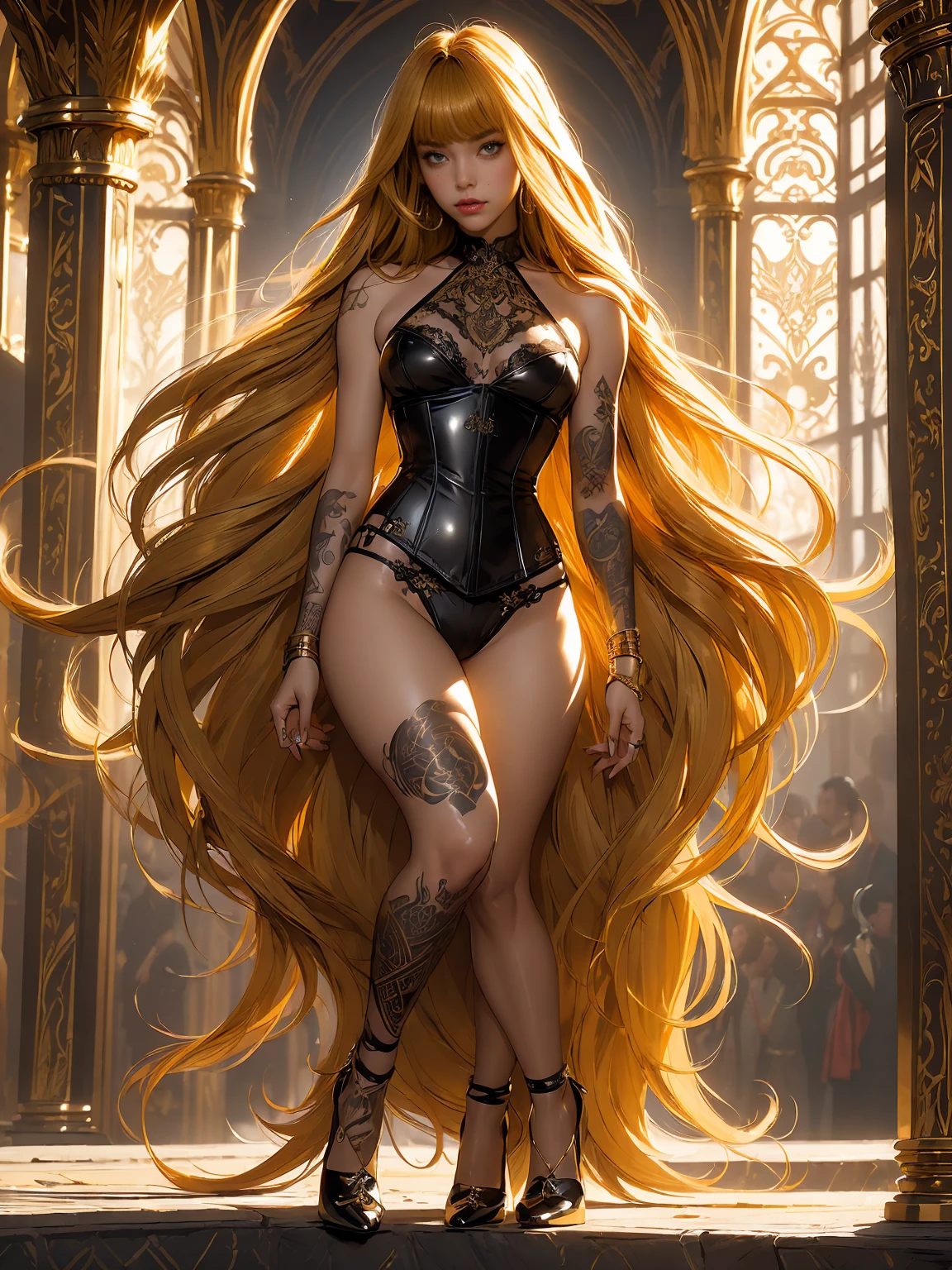(((of the highest quality: 1.4))), (an unsurpassed masterpiece in the world), (Ultra-high definition), (Ultra-realistic 8K computer graphics, rear camera view), official design, (((naked body of an adult woman, neat appetizing breasts that are visible in a deep neckline, black leather corset with gold inserts and patterns, lace panties, high-heeled shoes with a strap around the ankle))), (((1 girl))), (((long golden hair, long bangs))), A punk girl with a perfect body, a beautiful and well-groomed face, unusual makeup, (full-length image, she stands, she is a warrior),((long golden hair, long bangs)), the sinful bell ringer, the ruins of the palace detailed background of ruins, complex graphics, poisonous tattoos, piercings.