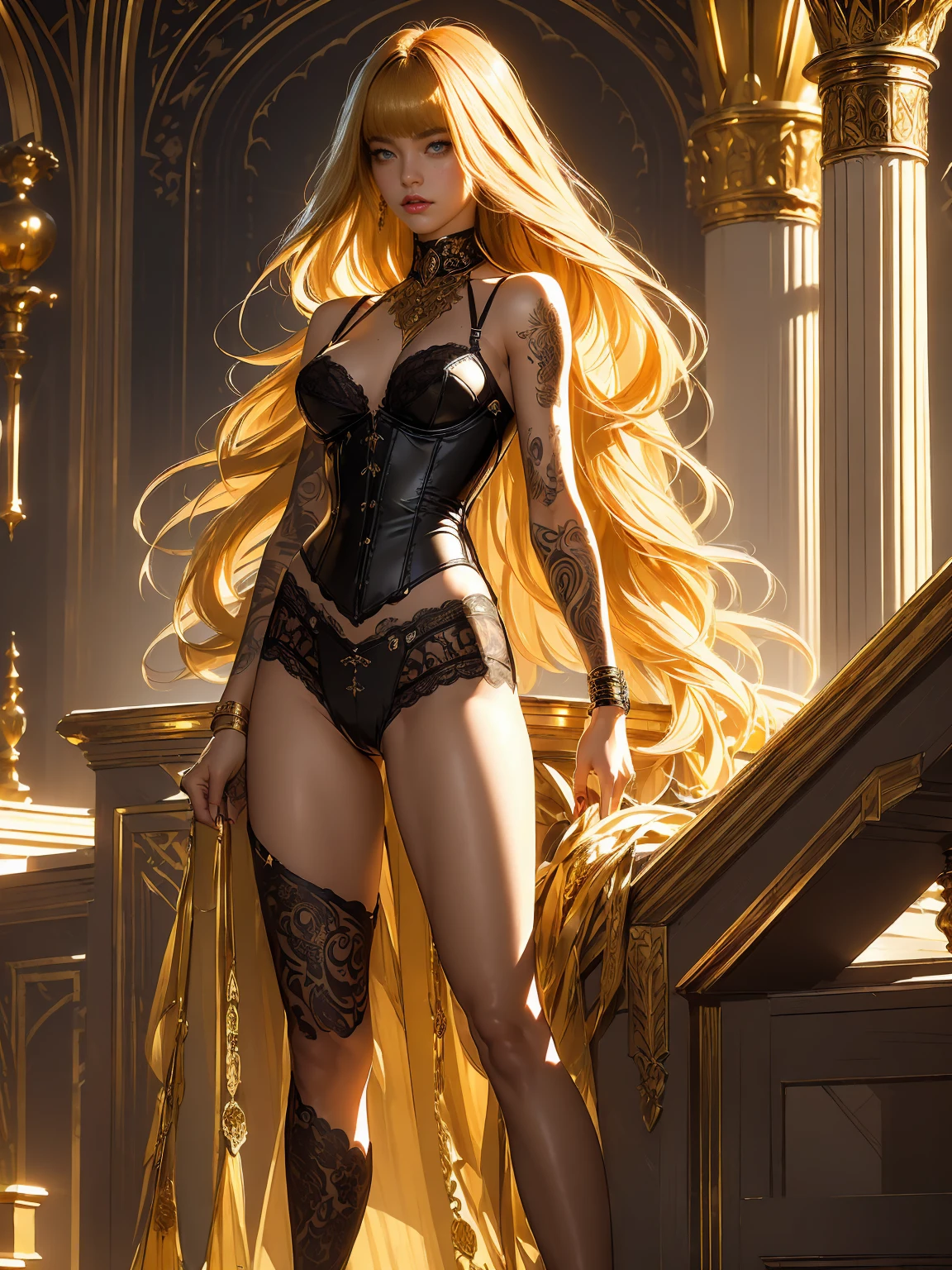 (((of the highest quality: 1.4))), (an unsurpassed masterpiece in the world), (Ultra-high definition), (Ultra-realistic 8K computer graphics, rear camera view), official design, (((naked body of an adult woman, neat appetizing breasts that are visible in a deep neckline, black leather corset with gold inserts and patterns, lace panties, high-heeled shoes with a strap around the ankle))), (((1 girl))), (((long golden hair, long bangs))), A punk girl with a perfect body, a beautiful and well-groomed face, unusual makeup, (full-length image, she stands, she is a warrior),((long golden hair, long bangs)), A luxurious palace in the urban style of Simon Beasley, a detailed background of a luxurious throne room, complex graphics, poisonous tattoos, piercings.